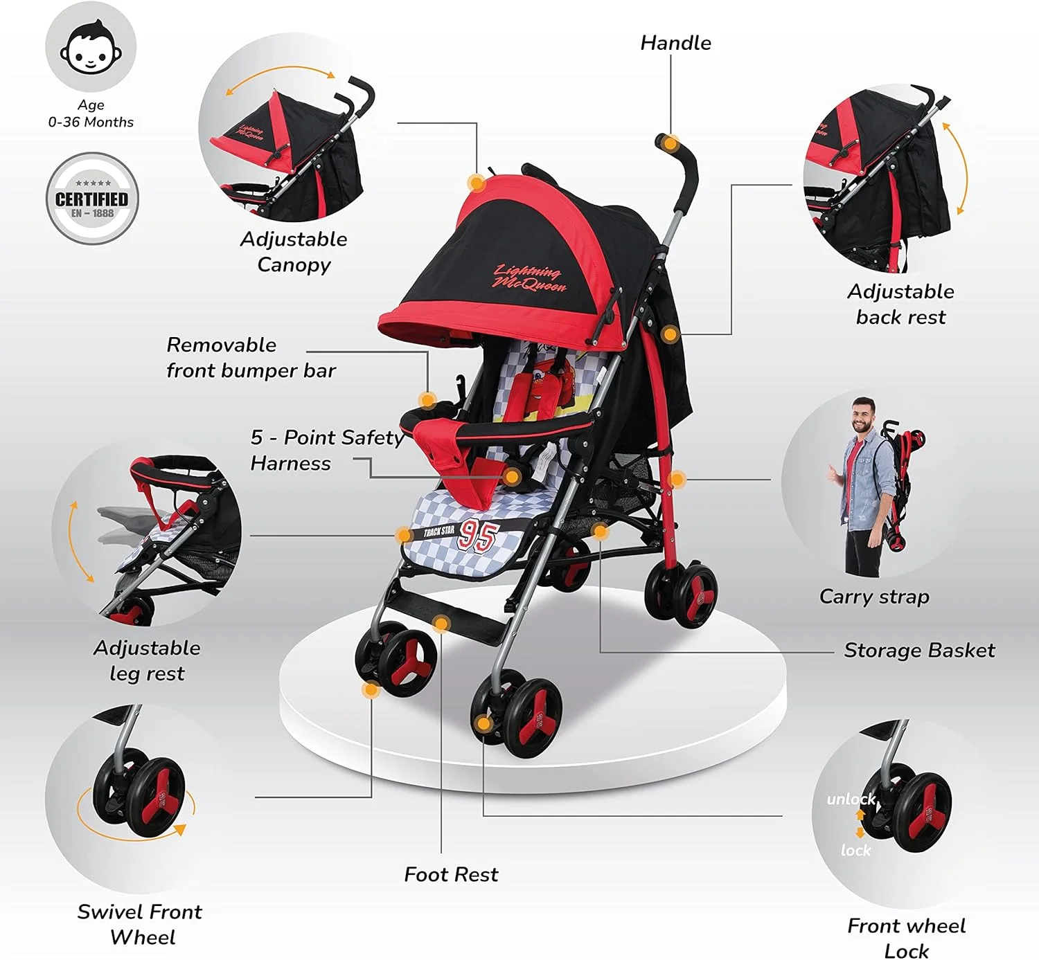 کالسکه ماجراجویی سبک وزن دیزنی کارز لایتنینگ مککوئین + کابین ذخیرهسازی 0-36 ماه، طراحی جمع و جور، بند شانه، صندلی تکیهگاهی قابل تنظیم و موارد دیگر کالسکه ماجراجویی سبک وزن دیزنی کارز لایتنینگ مککوئین + کابین ذخیرهسازی 0-36 ماه، طراحی جمع و جور، بند شانه، صندلی تکیهگاهی قابل تنظیم و موارد دیگر