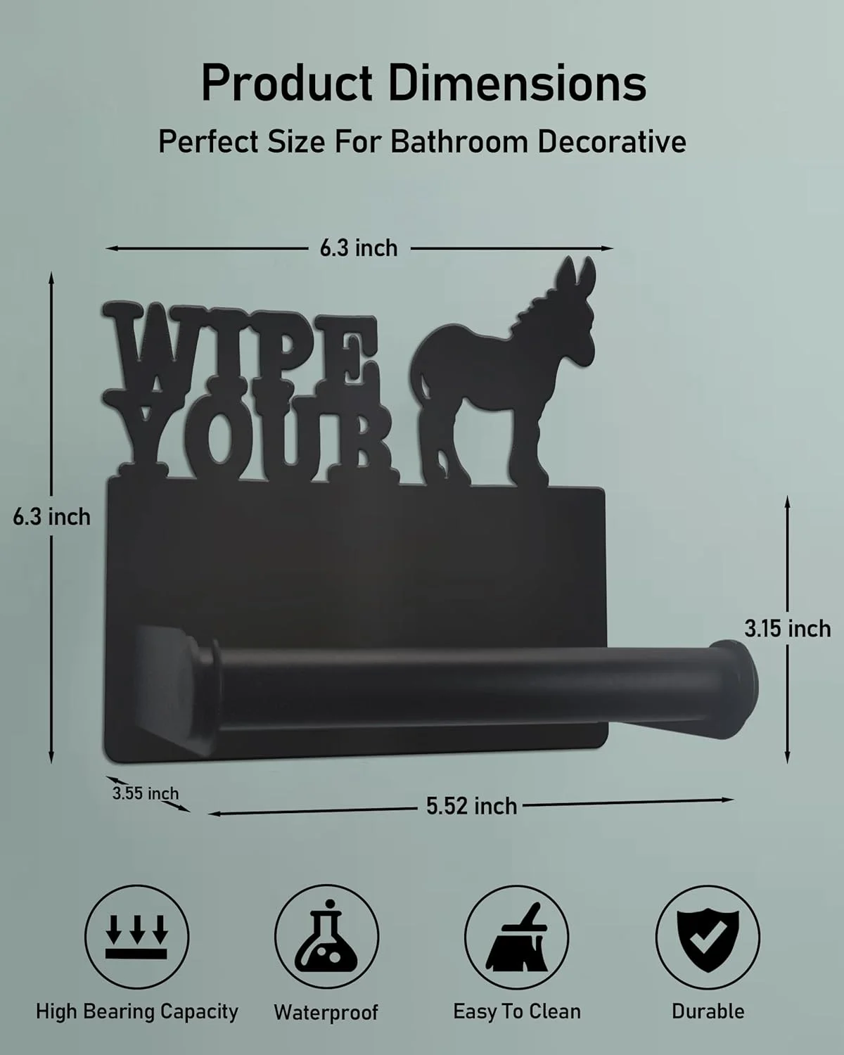 نگهدارنده دستمال توالت ویگگ طرح الاغ، نگهدارنده دیواری فلزی تزئینی دستمال توالت، پخش کننده رول دستمال توالت مشکی مات ضد زنگ برای آشپزخانه و سرویس بهداشتی