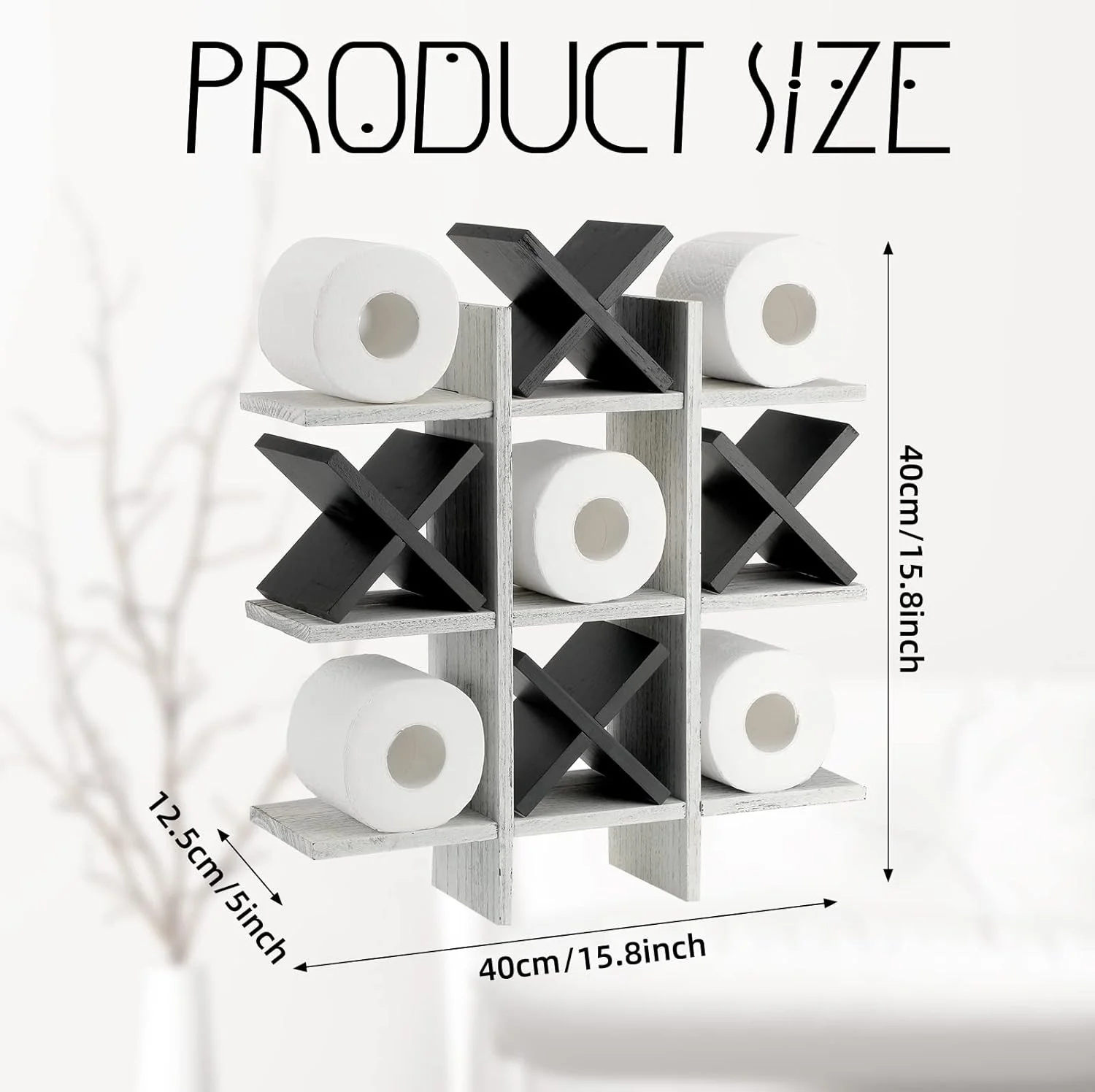 جای دستمال توالت Weysat مدل Tic Tac Toe، دکور حمام، چوبی روستایی، آویز، قفسه های دیواری مستقل، دکور دستمال توالت، خانه روستایی (سفید رترو، مشکی)