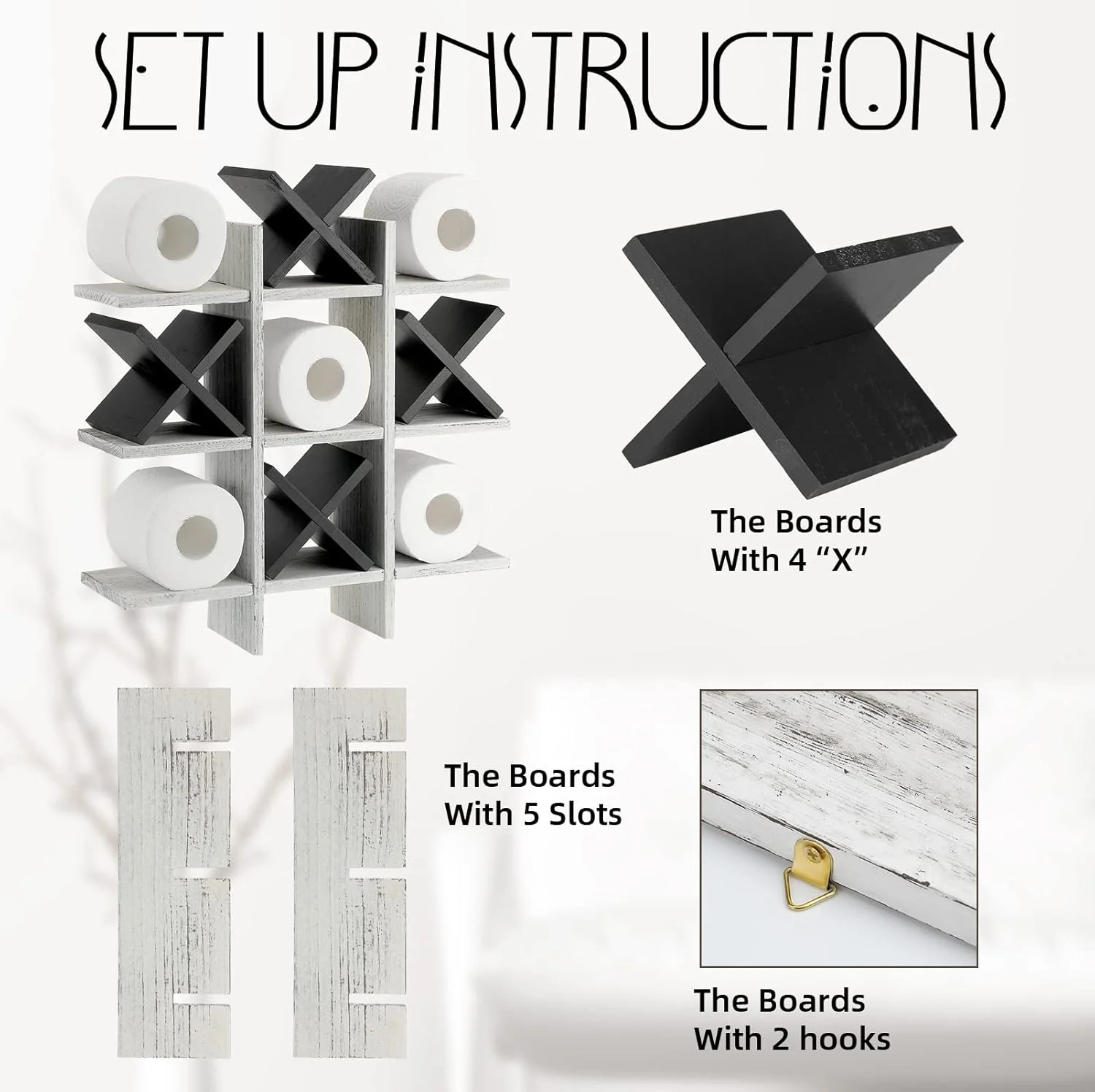 جای دستمال توالت Weysat مدل Tic Tac Toe، دکور حمام، چوبی روستایی، آویز، قفسه های دیواری مستقل، دکور دستمال توالت، خانه روستایی (سفید رترو، مشکی)