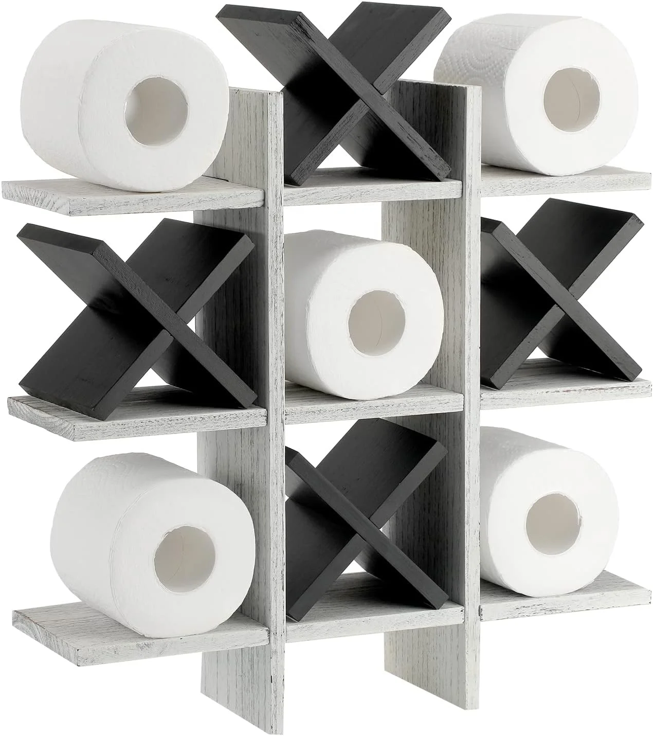 جای دستمال توالت Weysat مدل Tic Tac Toe، دکور حمام، چوبی روستایی، آویز، قفسه های دیواری مستقل، دکور دستمال توالت، خانه روستایی (سفید رترو، مشکی)