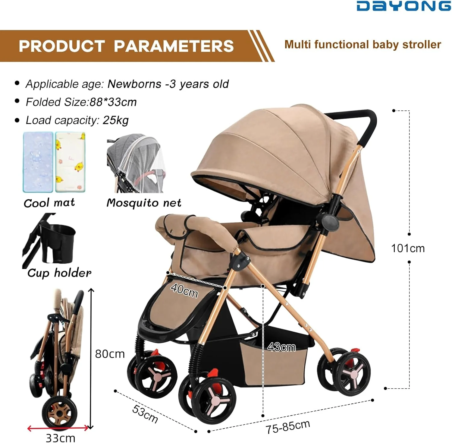 کالسکه مسافرتی سبک وزن DAYONG، کالسکه بچه دو طرفه، تاشو با یک کلیک/صندلی فوق العاده عریض/تشک خنک کننده/پشه بند، تحمل وزن 25 کیلوگرم، کالسکه نوزاد قابل حمل برای نوزاد تازه متولد شده. (خاکی)