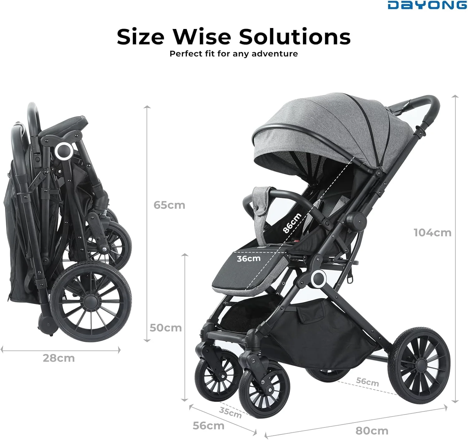 کالسکه مسافرتی سبک وزن DAYONG، کالسکه تاشو با یک دست، کالسکه جمع و جور با دسته برگشت پذیر، سایبان قابل تنظیم، چرخ های مناسب تمام سطوح (خاکستری)