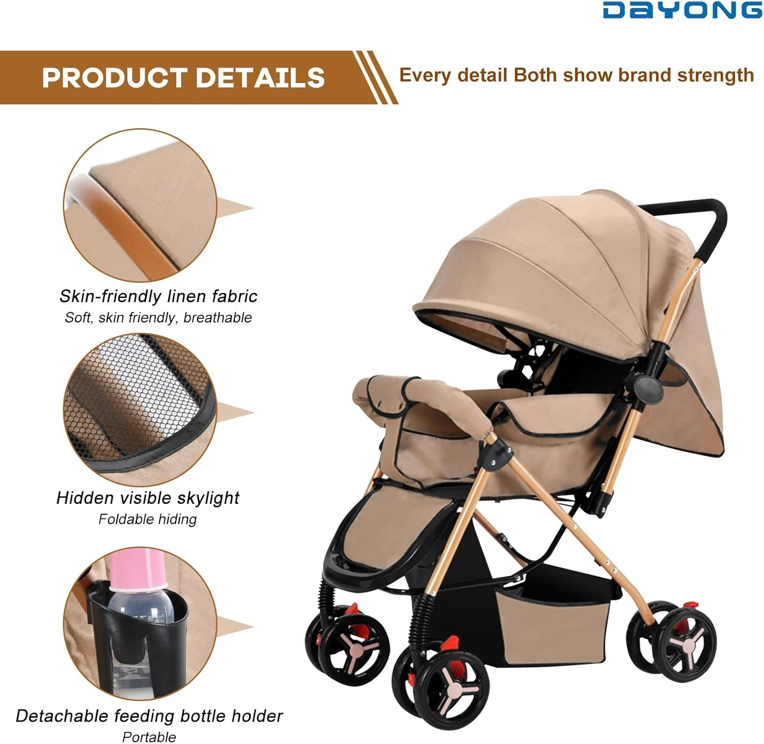 کالسکه مسافرتی سبک وزن DAYONG، کالسکه بچه دو طرفه، تاشو با یک کلیک/صندلی فوق العاده عریض/تشک خنک کننده/پشه بند، تحمل وزن 25 کیلوگرم، کالسکه نوزاد قابل حمل برای نوزاد تازه متولد شده. (خاکی)