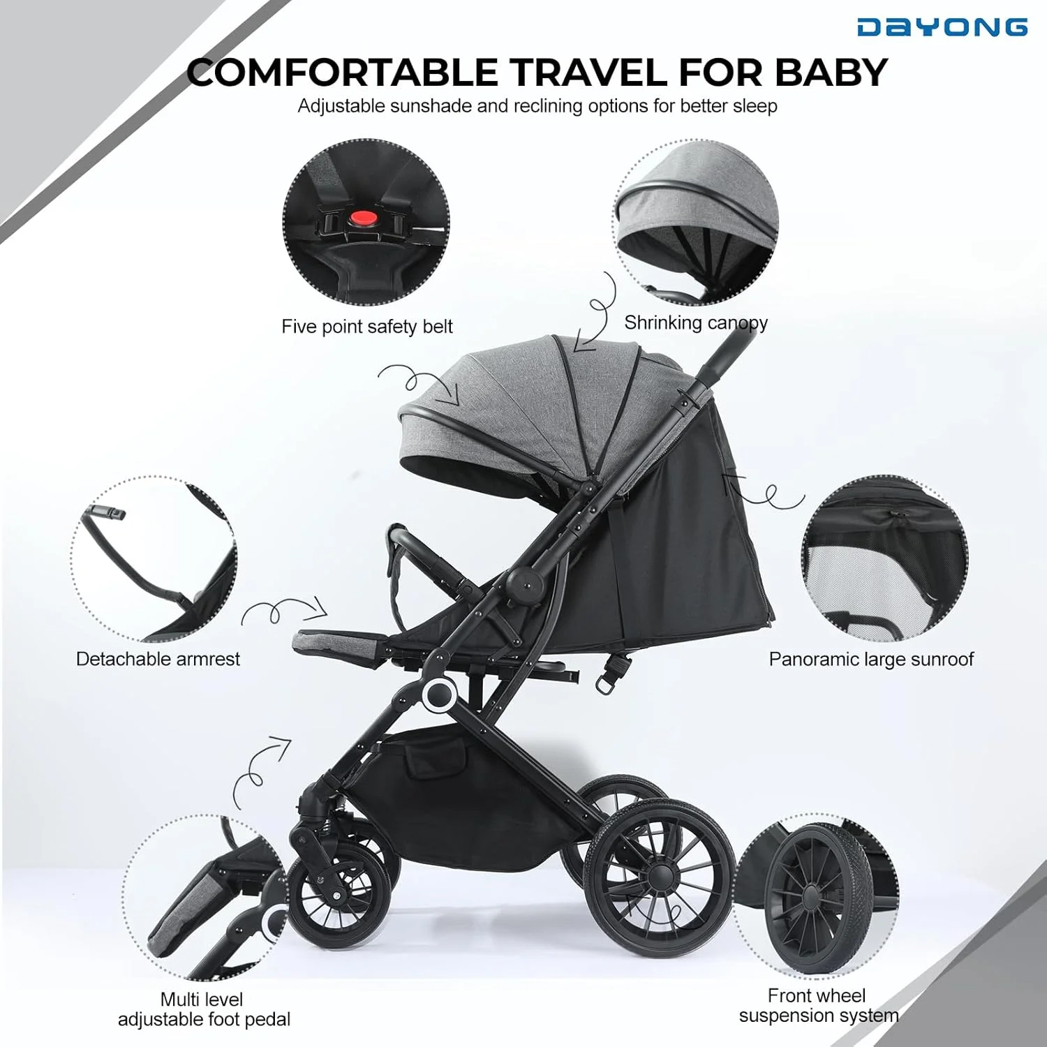 کالسکه مسافرتی سبک وزن DAYONG، کالسکه تاشو با یک دست، کالسکه جمع و جور با دسته برگشت پذیر، سایبان قابل تنظیم، چرخ های مناسب تمام سطوح (خاکستری)