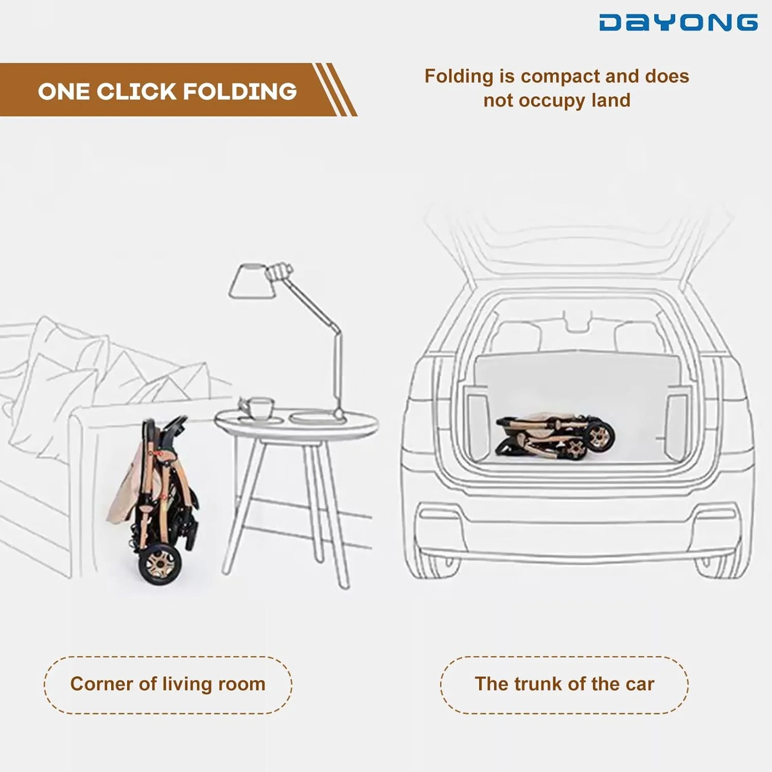 کالسکه مسافرتی سبک وزن DAYONG، کالسکه بچه دو طرفه، تاشو با یک کلیک/صندلی فوق العاده عریض/تشک خنک کننده/پشه بند، تحمل وزن 25 کیلوگرم، کالسکه نوزاد قابل حمل برای نوزاد تازه متولد شده. (خاکی)