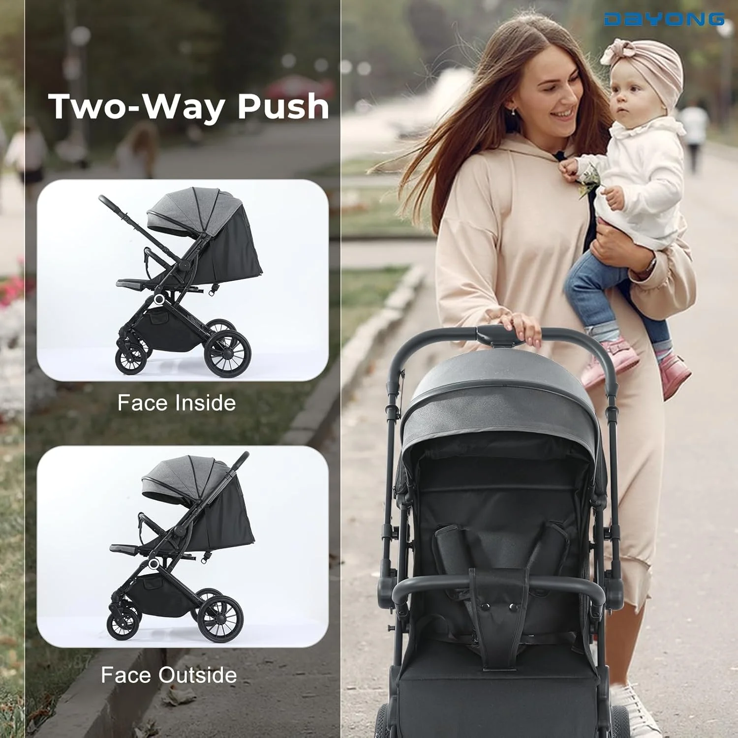 کالسکه مسافرتی سبک وزن DAYONG، کالسکه تاشو با یک دست، کالسکه جمع و جور با دسته برگشت پذیر، سایبان قابل تنظیم، چرخ های مناسب تمام سطوح (خاکستری)