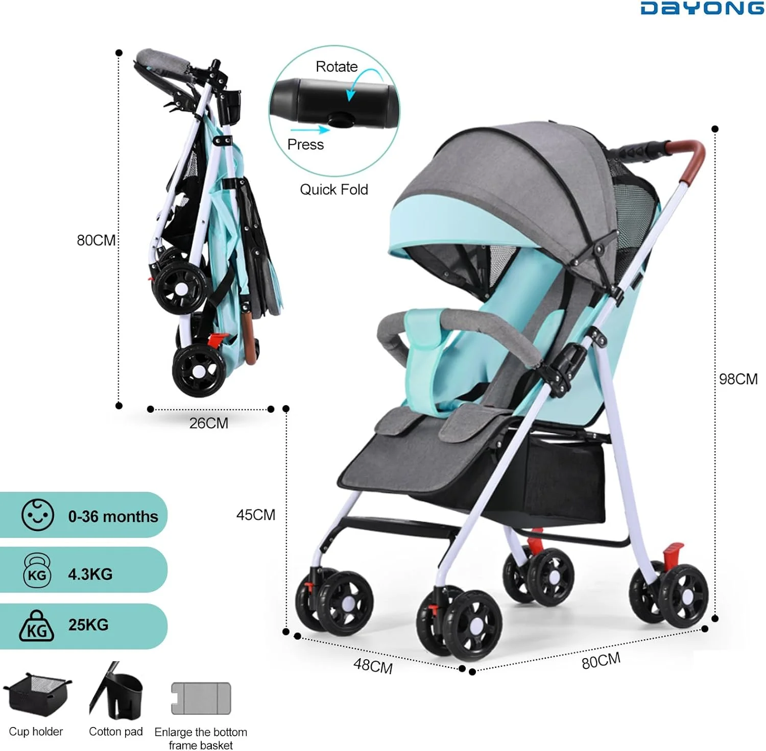 کالسکه مسافرتی فوق سبک دایونگ، کالسکه تاشو قابل حمل کودک با سایبان، کالسکه بچه با یک دست، کالسکه نشسته و خوابیده برای نوزادان 0-36 ماهه (سبز)