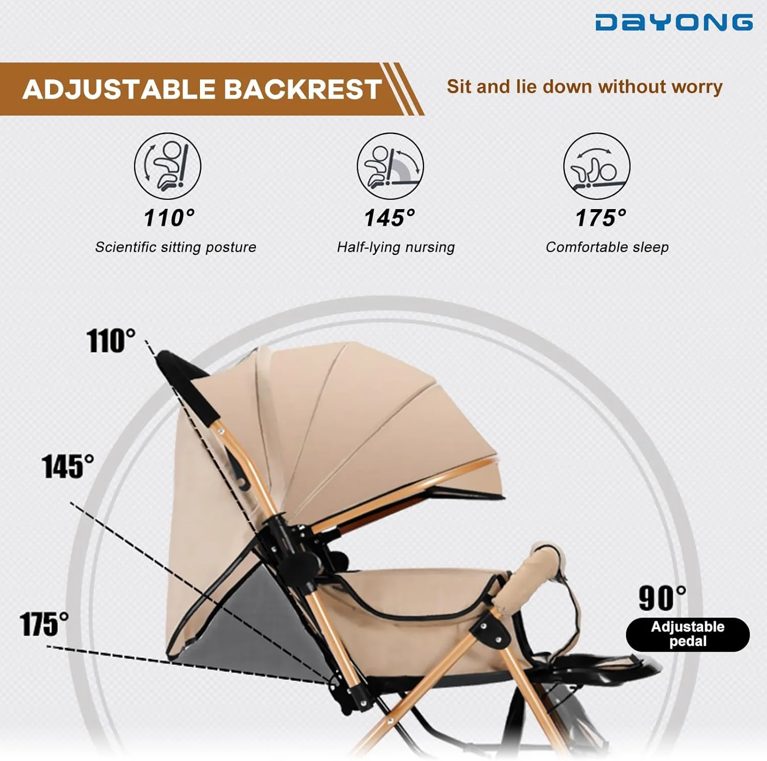 کالسکه مسافرتی سبک وزن DAYONG، کالسکه بچه دو طرفه، تاشو با یک کلیک/صندلی فوق العاده عریض/تشک خنک کننده/پشه بند، تحمل وزن 25 کیلوگرم، کالسکه نوزاد قابل حمل برای نوزاد تازه متولد شده. (خاکی)