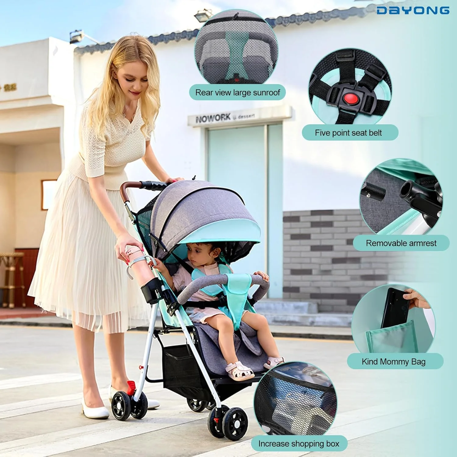 کالسکه مسافرتی فوق سبک دایونگ، کالسکه تاشو قابل حمل کودک با سایبان، کالسکه بچه با یک دست، کالسکه نشسته و خوابیده برای نوزادان 0-36 ماهه (سبز)