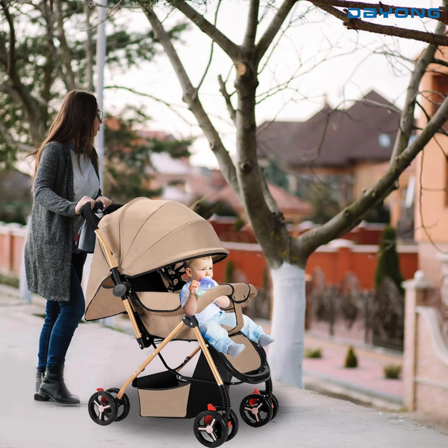 کالسکه مسافرتی سبک وزن DAYONG، کالسکه بچه دو طرفه، تاشو با یک کلیک/صندلی فوق العاده عریض/تشک خنک کننده/پشه بند، تحمل وزن 25 کیلوگرم، کالسکه نوزاد قابل حمل برای نوزاد تازه متولد شده. (خاکی)