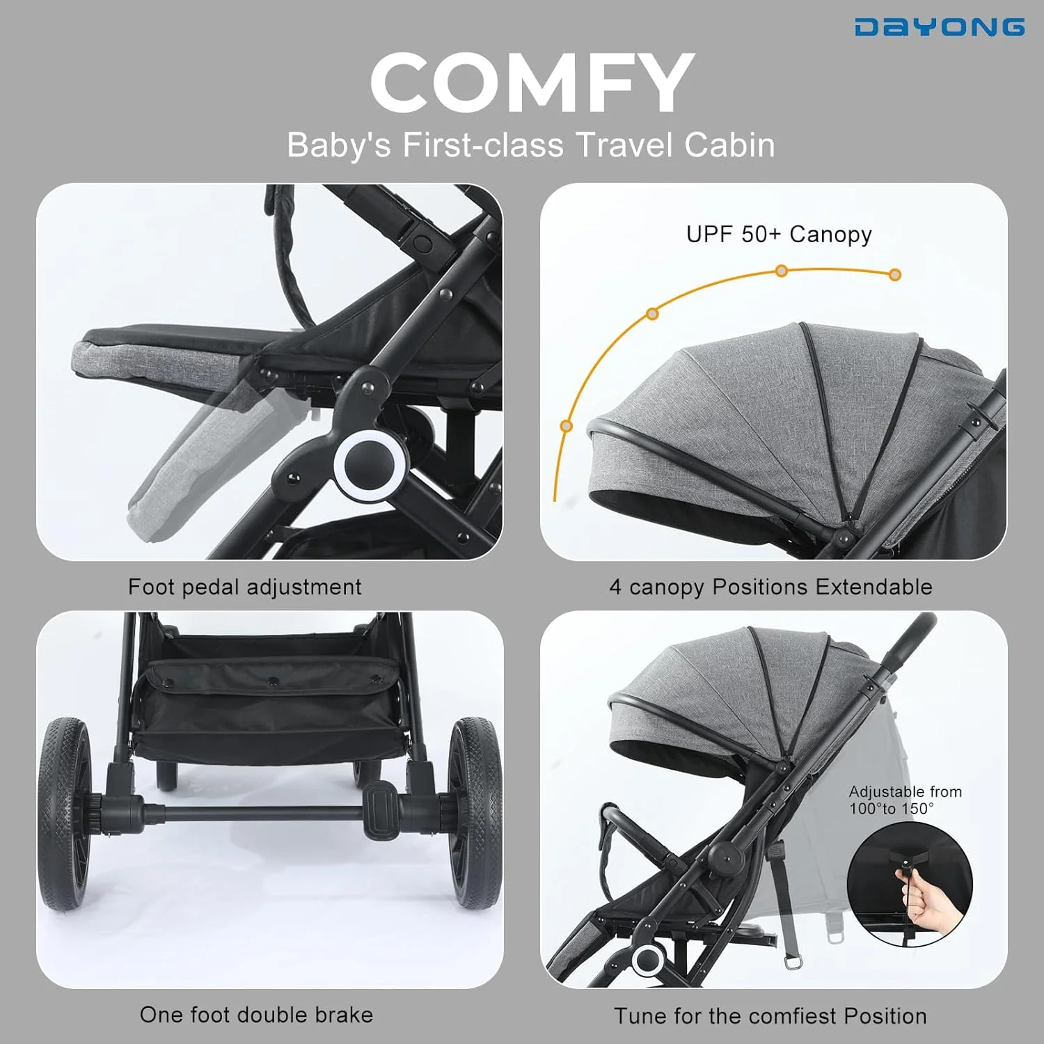 کالسکه مسافرتی سبک وزن DAYONG، کالسکه تاشو با یک دست، کالسکه جمع و جور با دسته برگشت پذیر، سایبان قابل تنظیم، چرخ های مناسب تمام سطوح (خاکستری)