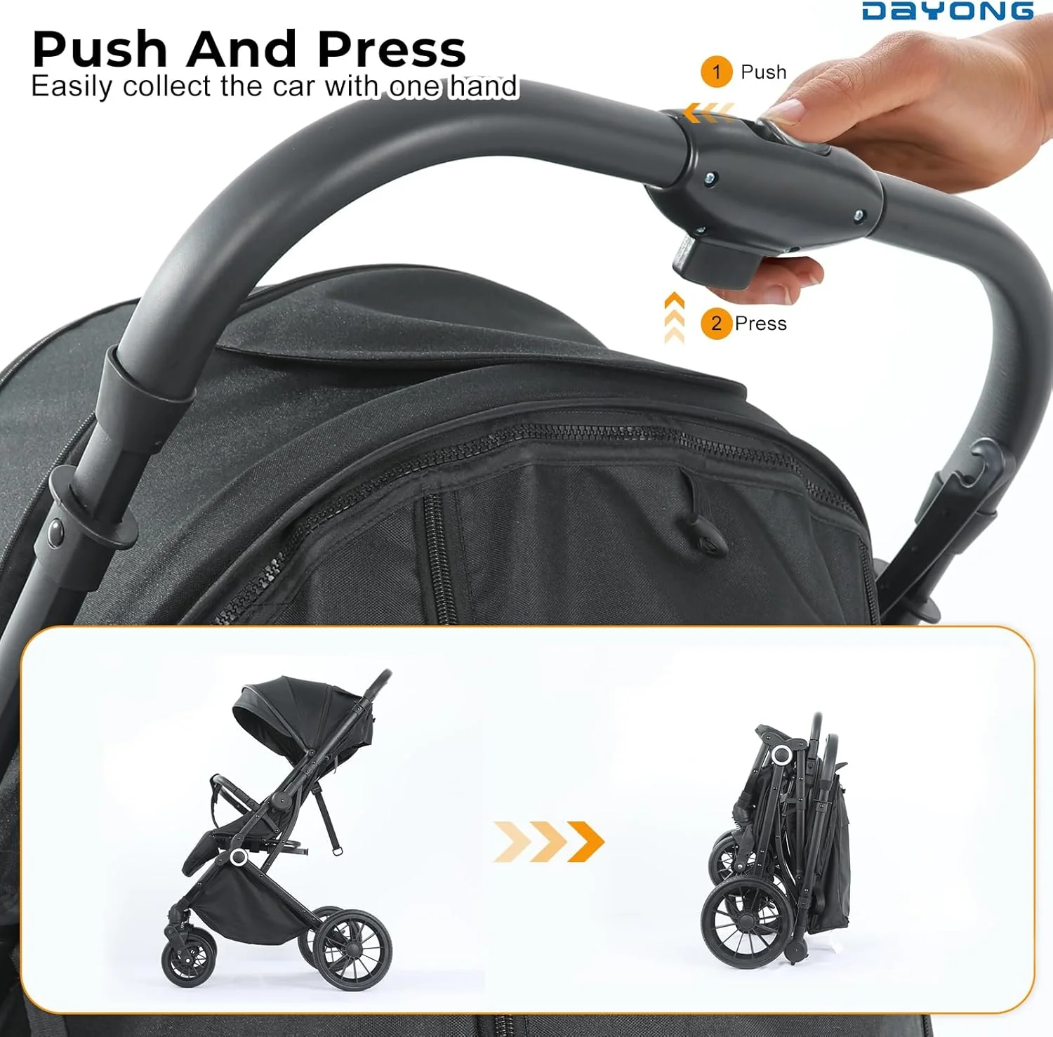 کالسکه مسافرتی سبک وزن DAYONG، کالسکه تاشو با یک دست، کالسکه جمع و جور با دسته برگشت پذیر، سایبان قابل تنظیم، چرخ های مناسب تمام سطوح (خاکستری)