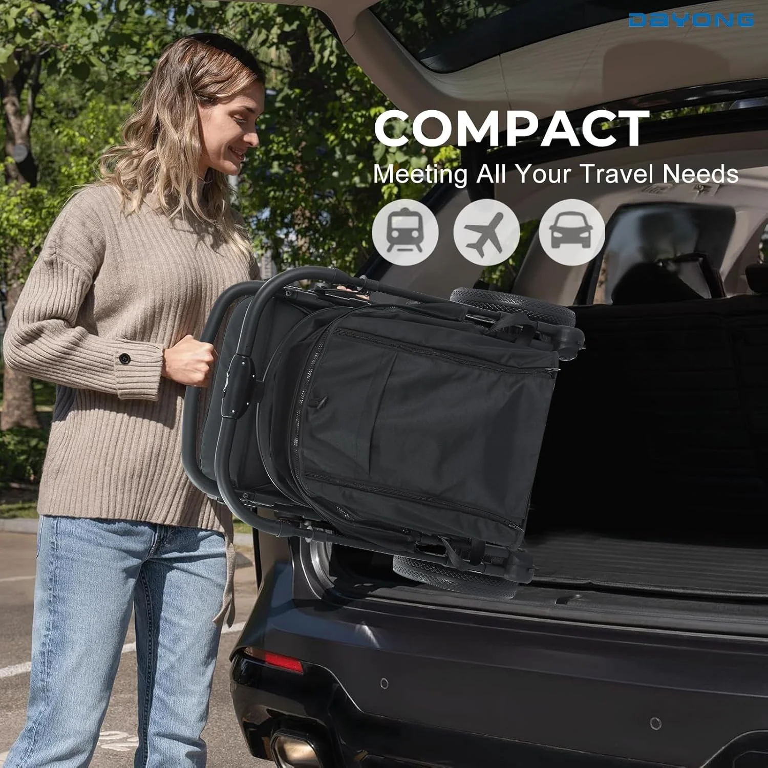 کالسکه مسافرتی سبک وزن DAYONG، کالسکه تاشو با یک دست، کالسکه جمع و جور با دسته برگشت پذیر، سایبان قابل تنظیم، چرخ های مناسب تمام سطوح (خاکستری)