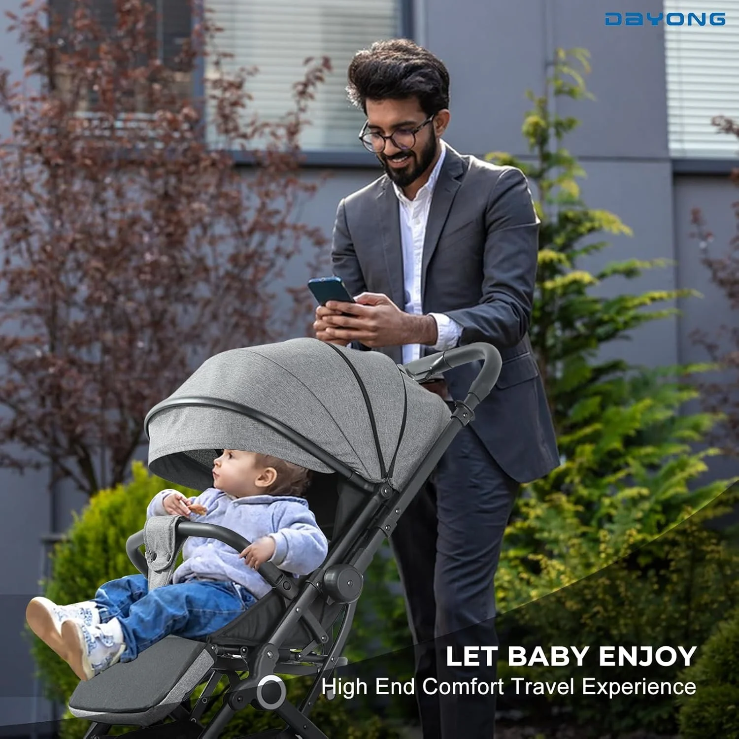 کالسکه مسافرتی سبک وزن DAYONG، کالسکه تاشو با یک دست، کالسکه جمع و جور با دسته برگشت پذیر، سایبان قابل تنظیم، چرخ های مناسب تمام سطوح (خاکستری)