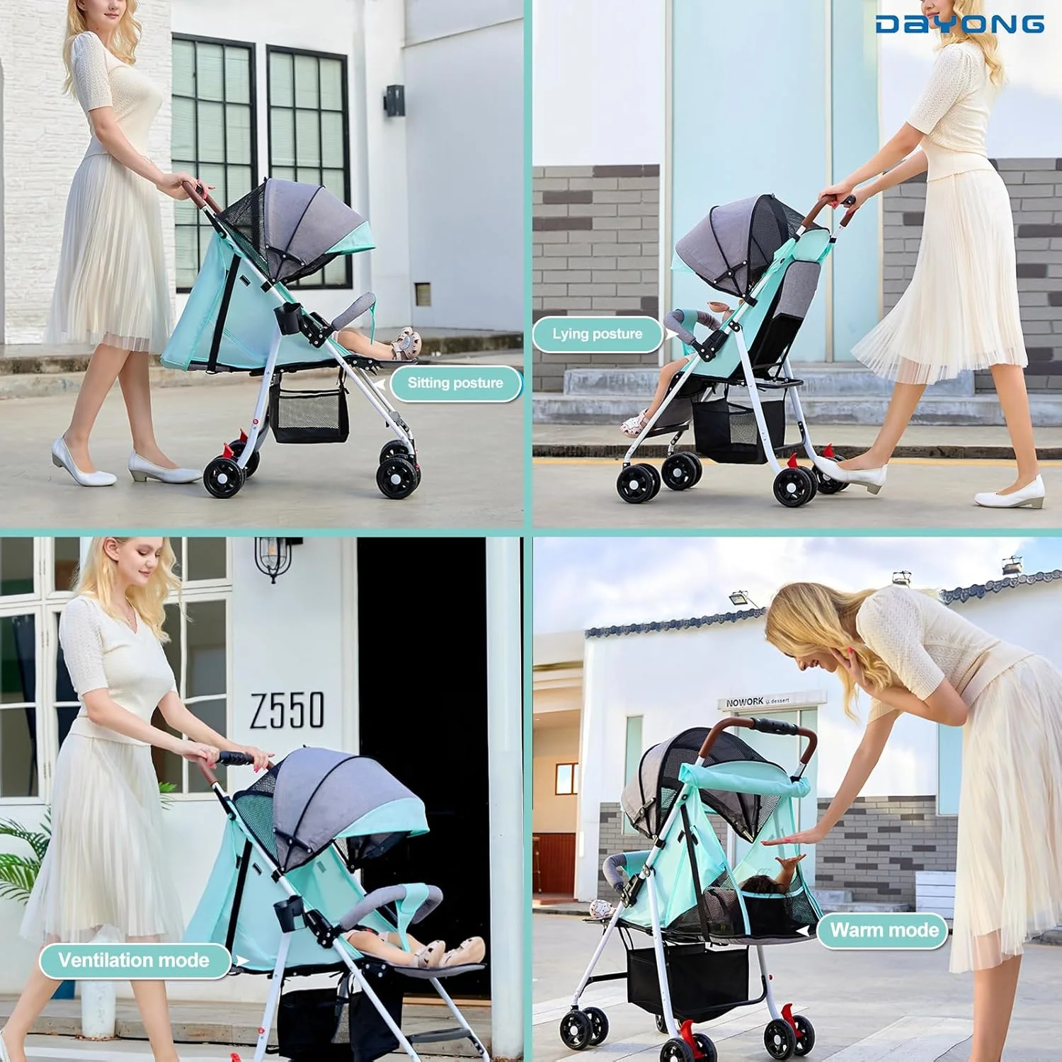 کالسکه مسافرتی فوق سبک دایونگ، کالسکه تاشو قابل حمل کودک با سایبان، کالسکه بچه با یک دست، کالسکه نشسته و خوابیده برای نوزادان 0-36 ماهه (سبز)