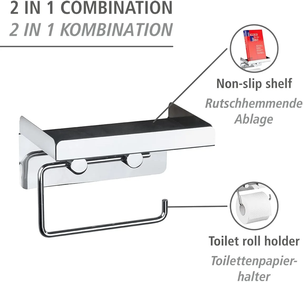 نگهدارنده رول توالت 2 در 1 WENKO، استیل ضد زنگ، نصب چسبی، قوی و محکم، کمک کننده حمام منزل، 16x12.5x11.5 سانتی متر، براق