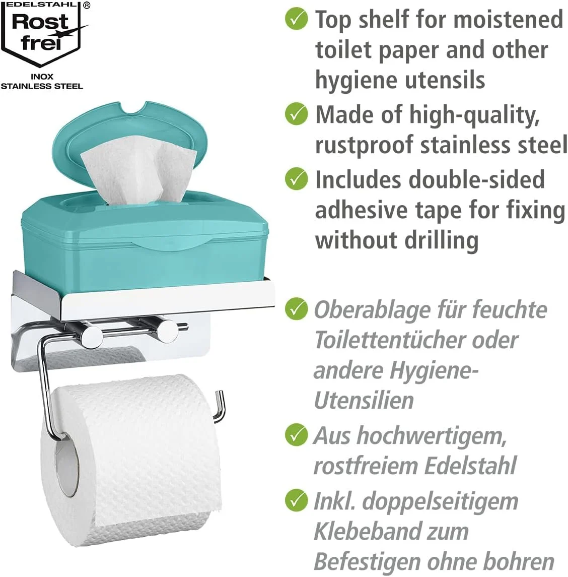 نگهدارنده رول توالت 2 در 1 WENKO، استیل ضد زنگ، نصب چسبی، قوی و محکم، کمک کننده حمام منزل، 16x12.5x11.5 سانتی متر، براق