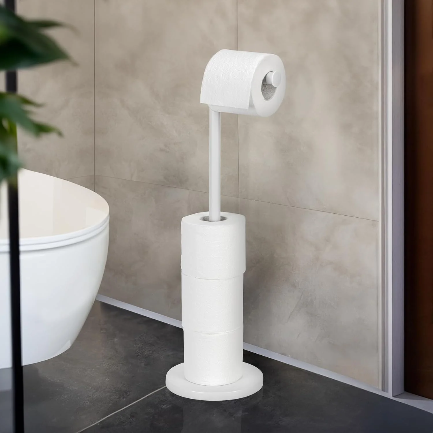 جای دستمال توالت ایستاده 2 در 1 WENKO، فولاد، پایه های قوی و محکم، کمک کننده و نگهداری حمام خانگی، 21x55x17 سانتی متر، سفید
