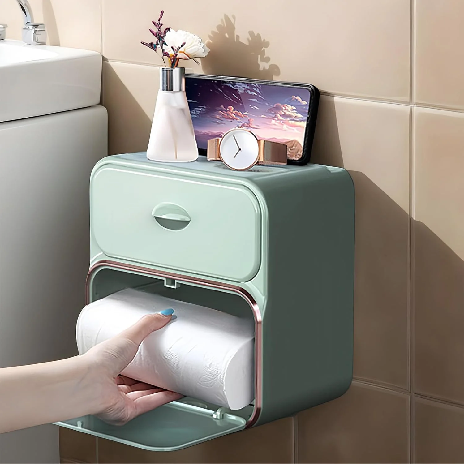 جا دستمال کاغذی دیواری - جا دستمال توالت | پخش کننده دستمال کاغذی چسبی با کشو برای هتل، آشپزخانه، سرویس بهداشتی، کاروان و دستشویی