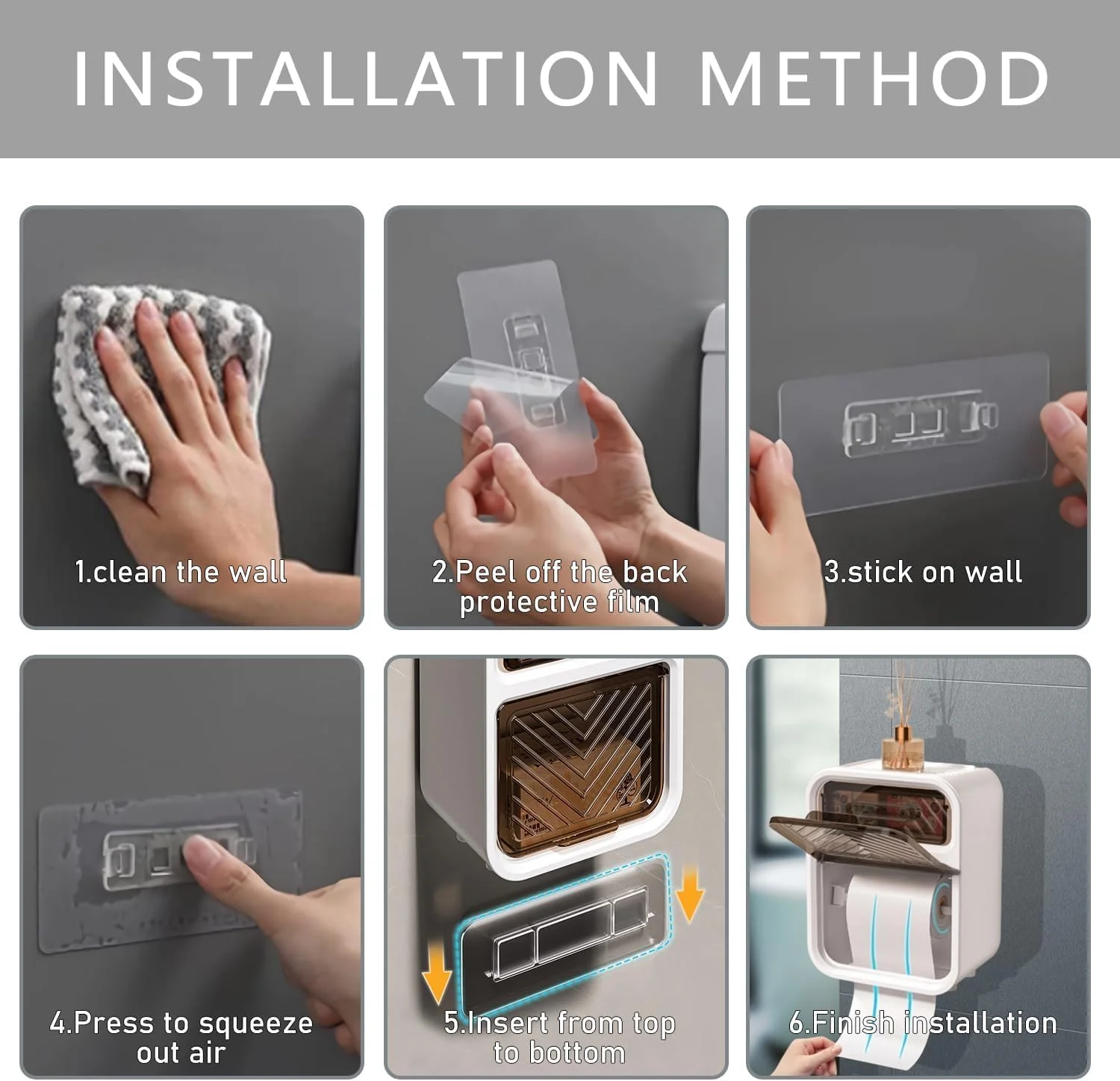 جا دستمال کاغذی دیواری ضد آب. جا دستمال کاغذی رولی خود چسب. جا دستمال توالت، سازمان دهنده دستشویی، آشپزخانه، باکس نگهداری موبایل و وسایل ضروری