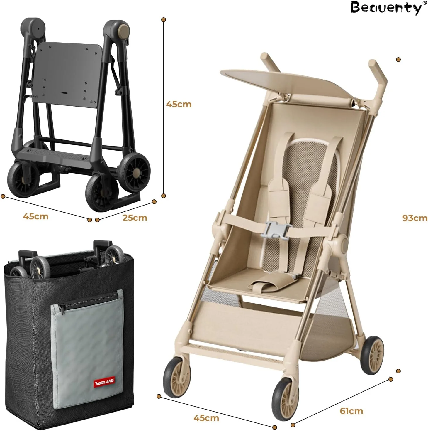 کالسکه مسافرتی 2 در 1 قابل حمل کودک Beauenty به همراه کیف سازمان دهنده، کالسکه سبک وزن کودک 1 تا 6 سال، صندلی چرخدار جمع و جور کودک نوپا، سبد خرید چند منظوره (بژ)