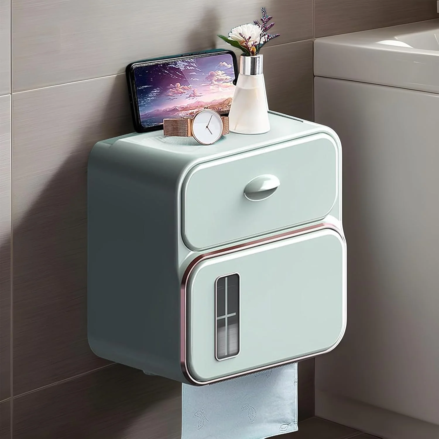 جا دستمال کاغذی دیواری - جا دستمال توالت | پخش کننده دستمال کاغذی چسبی با کشو برای هتل، آشپزخانه، سرویس بهداشتی، کاروان و دستشویی