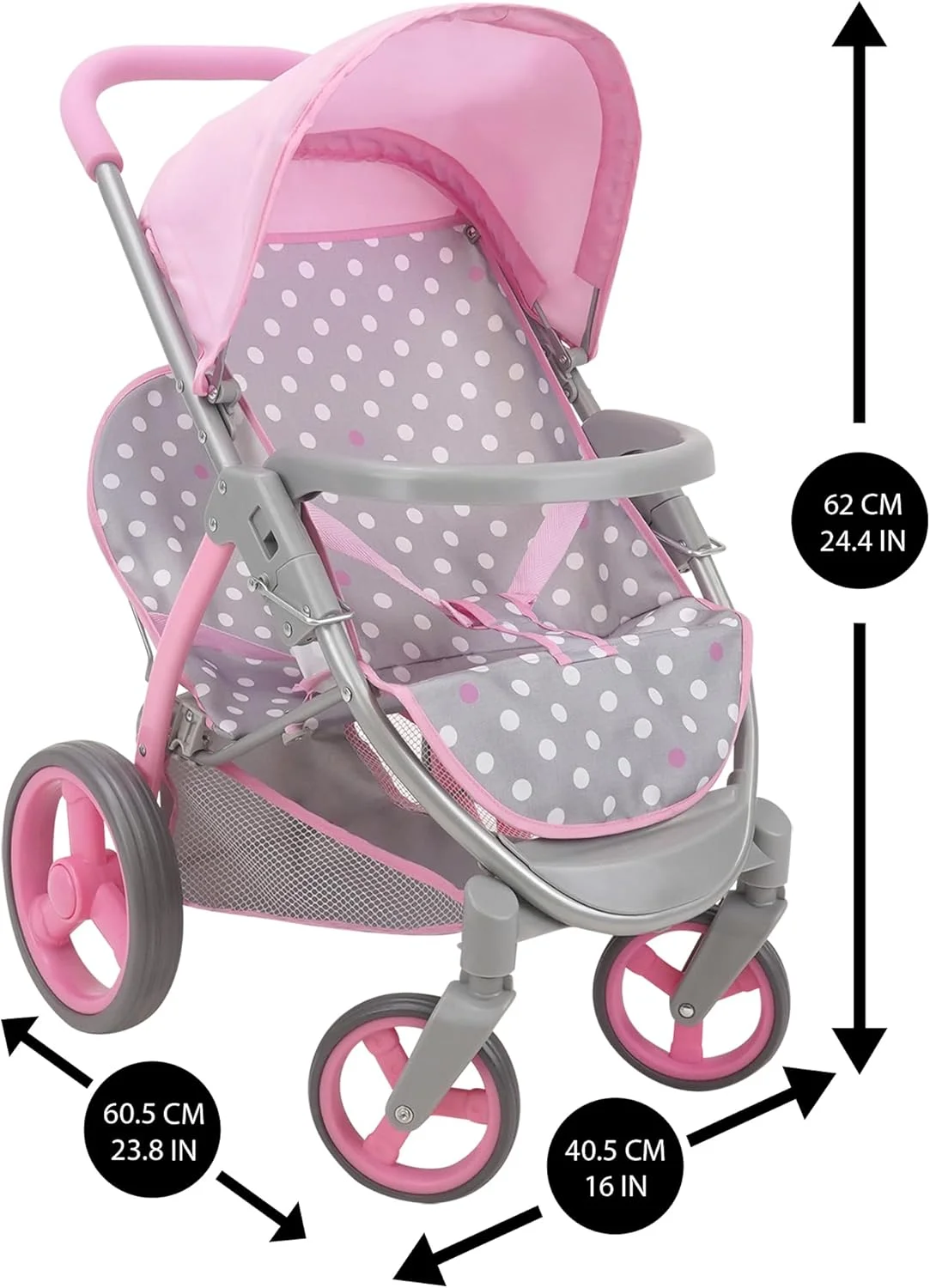 509 Crew: Cotton Candy Pink: Twin Tandem Doll Stroller - Pink, Grey, Polka Dot - Dolls Up to 18", Holds 2 Dolls, Foldable, Kids Pretend Play, Ages 3+
