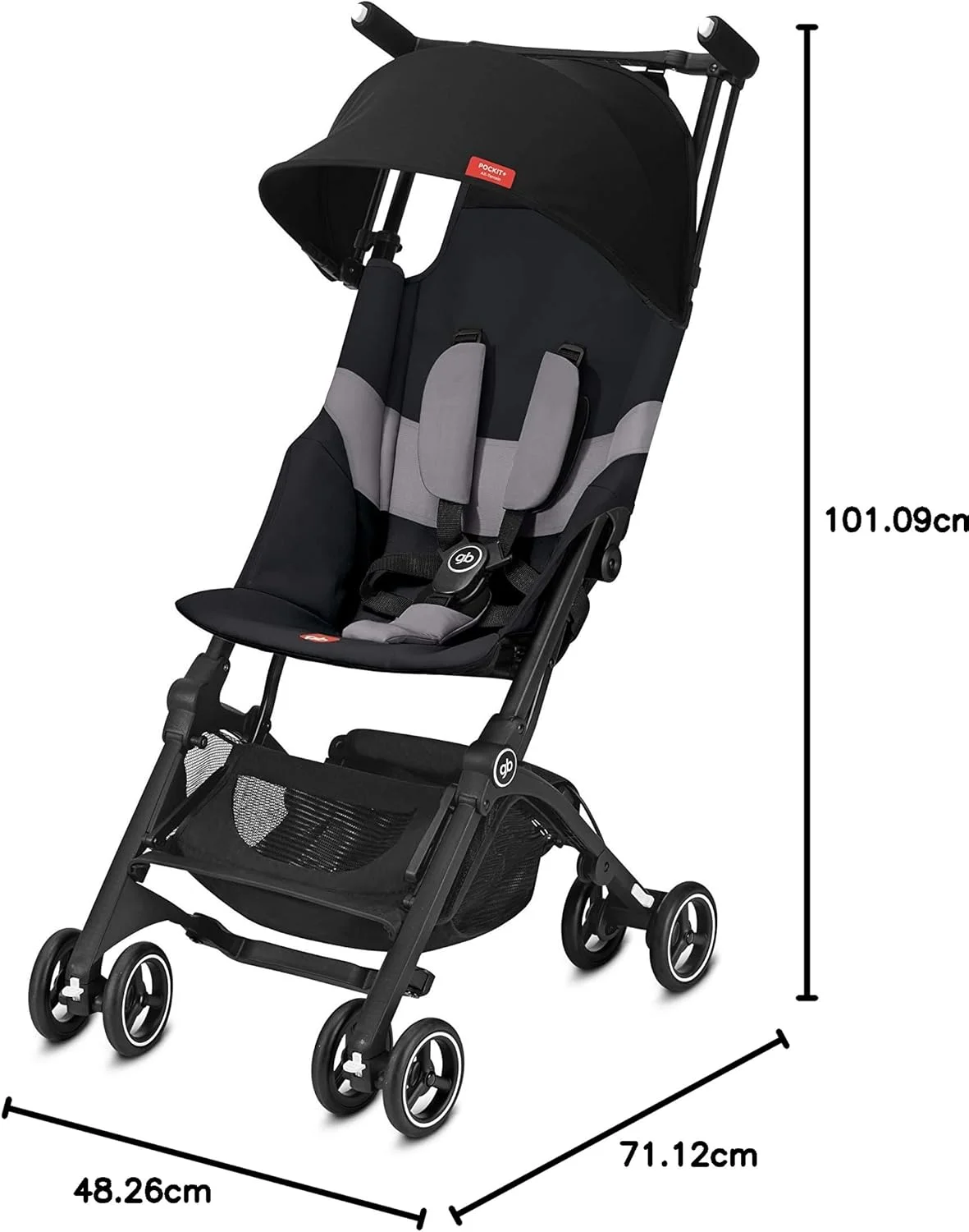 gb Pockit+ All-Terrain, Ultra Compact Lightweight Travel Stroller with Canopy and Reclining Seat in Velvet Black