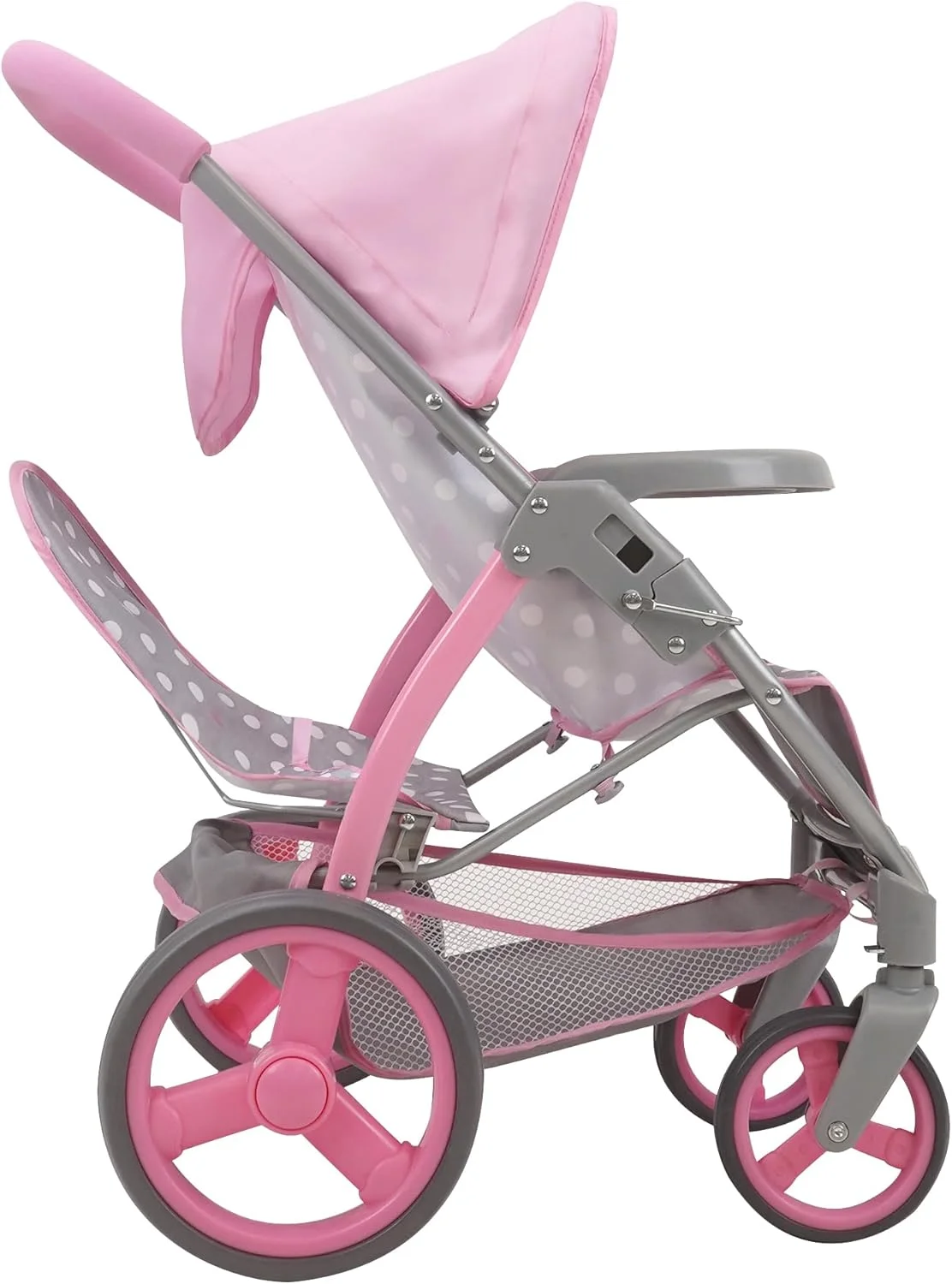 509 Crew: Cotton Candy Pink: Twin Tandem Doll Stroller - Pink, Grey, Polka Dot - Dolls Up to 18", Holds 2 Dolls, Foldable, Kids Pretend Play, Ages 3+