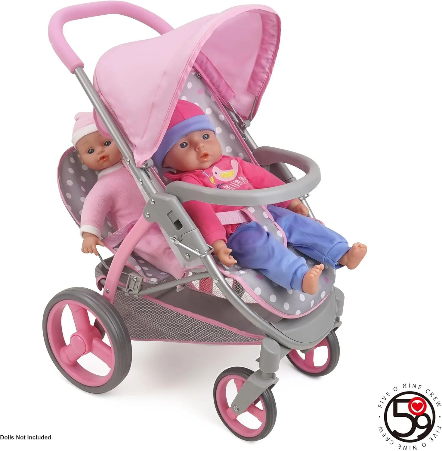 509 Crew: Cotton Candy Pink: Twin Tandem Doll Stroller - Pink, Grey, Polka Dot - Dolls Up to 18", Holds 2 Dolls, Foldable, Kids Pretend Play, Ages 3+