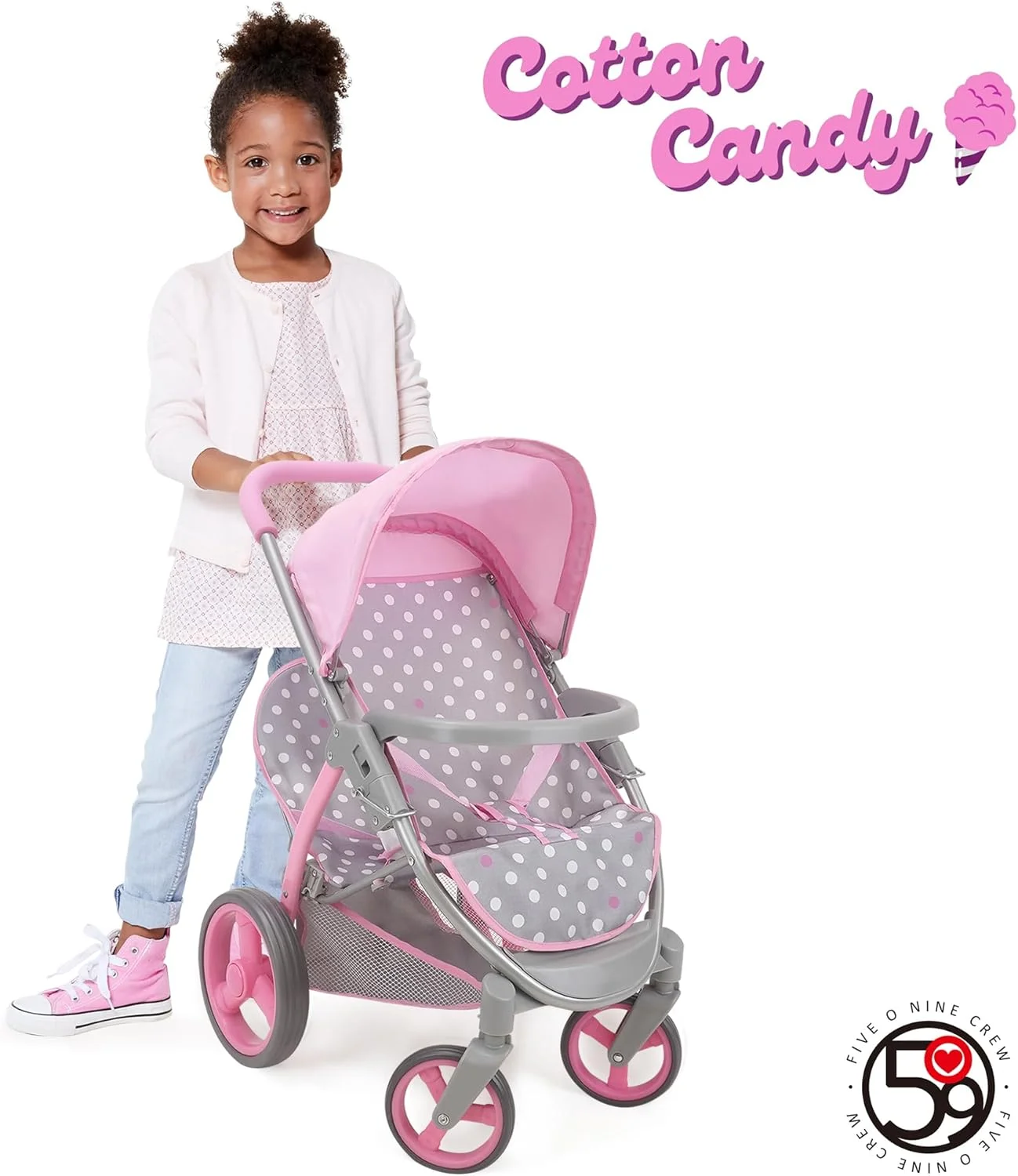 509 Crew: Cotton Candy Pink: Twin Tandem Doll Stroller - Pink, Grey, Polka Dot - Dolls Up to 18", Holds 2 Dolls, Foldable, Kids Pretend Play, Ages 3+
