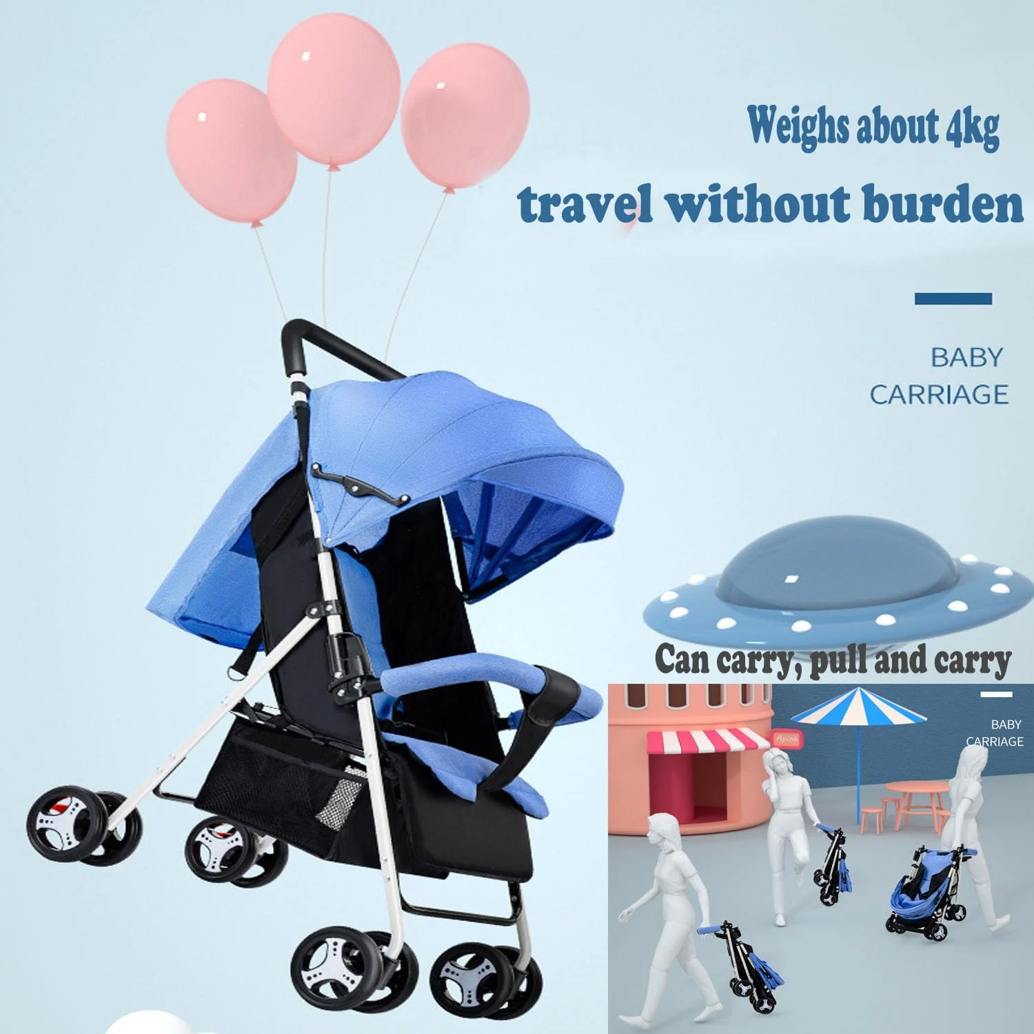 کالسکه مسافرتی سبک وزن AM ANNA - کالسکه چتری تاشو با زیرپایی/تکیه گاه قابل تنظیم، تاشو با یک دست برای نوزاد، سبد و کمربند ایمنی