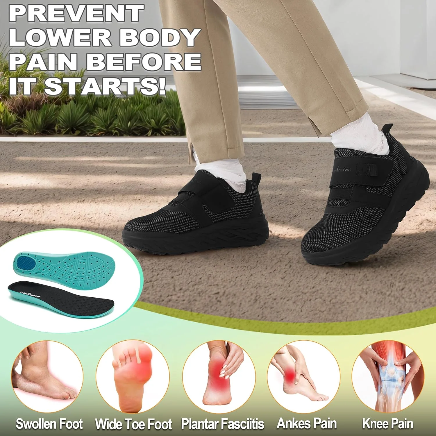 کفش پیاده روی ارتوپدی دیابتی مردانه OrthoComfoot: کفش‌های کتانی راحت با پشتیبانی از قوس و بالشتک، مناسب برای پلانتار فاسیایتیس، کفش‌های کار قابل تنظیم برای پای متورم با قوس بلند ارتوپدی برای درد مچ پا و پاشنه