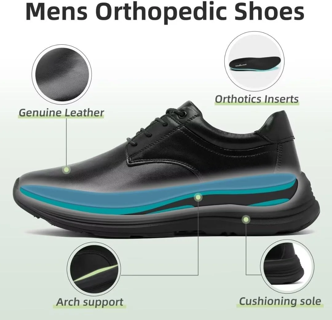 کفش آکسفورد رسمی چرمی ارتوکامفورت مردانه، کفش پیاده روی طبی با پشتیبانی از قوس پا برای پلانتار فاسیایتیس، کفش کتانی نرم ضد لغزش و شیک برای درد پا و پاشنه