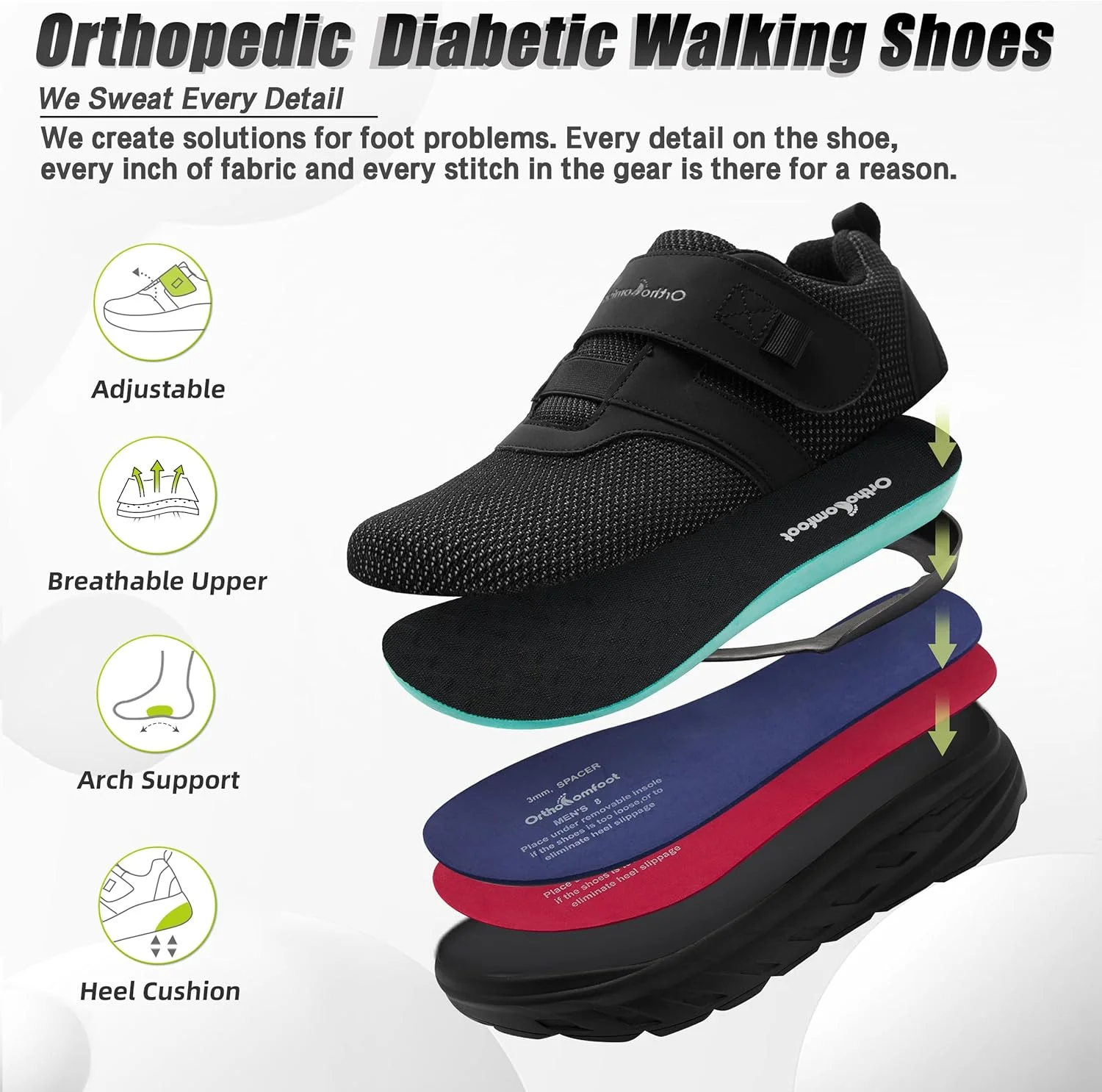 کفش پیاده روی ارتوپدی دیابتی مردانه OrthoComfoot: کفش‌های کتانی راحت با پشتیبانی از قوس و بالشتک، مناسب برای پلانتار فاسیایتیس، کفش‌های کار قابل تنظیم برای پای متورم با قوس بلند ارتوپدی برای درد مچ پا و پاشنه