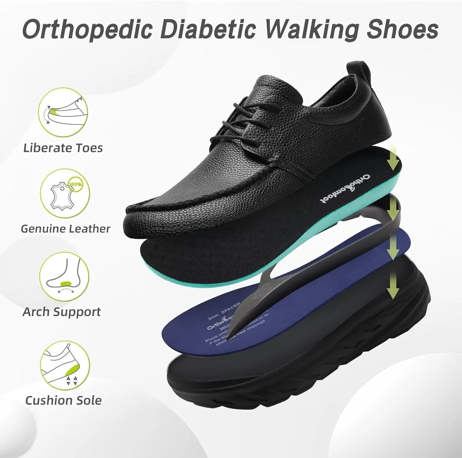 کفش های طبی مردانه ارتوکامفوت، چرمی پهن، مناسب پیاده روی: کفش کتانی راحت با پشتیبانی از قوس پا برای دیابت، فاشیای کف پا، مناسب کار و تجارت، با قابلیت تنظیم، طبی، پاشنه دار، مناسب تسکین درد پا، مدل آکسفورد