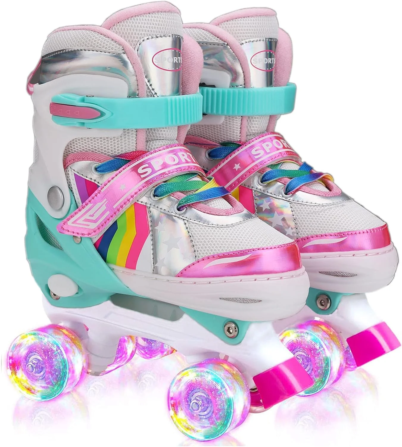 Sumeber Adjustable Roller Skates for Children, with Luminous Wheels, Comfortable and Breathable Quad Skates for Girls, Pink