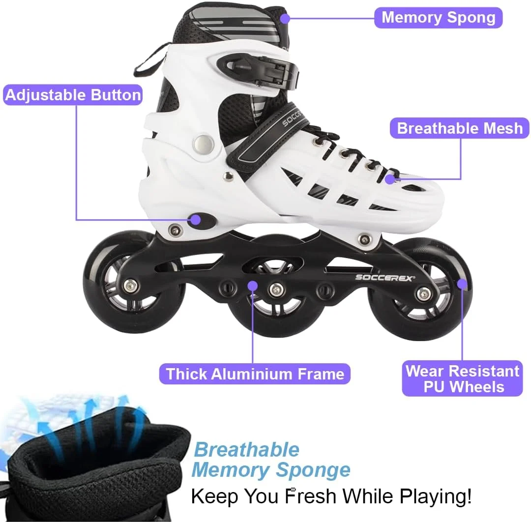کفش اسکیت غلتکی و اینلاین سه چرخ Soccerex برای کودکان، نوجوانان و بزرگسالان، کفش اسکیت اینلاین قابل تنظیم برای مبتدیان، ورزش های فضای باز با کفش اسکیت با عملکرد بالا
