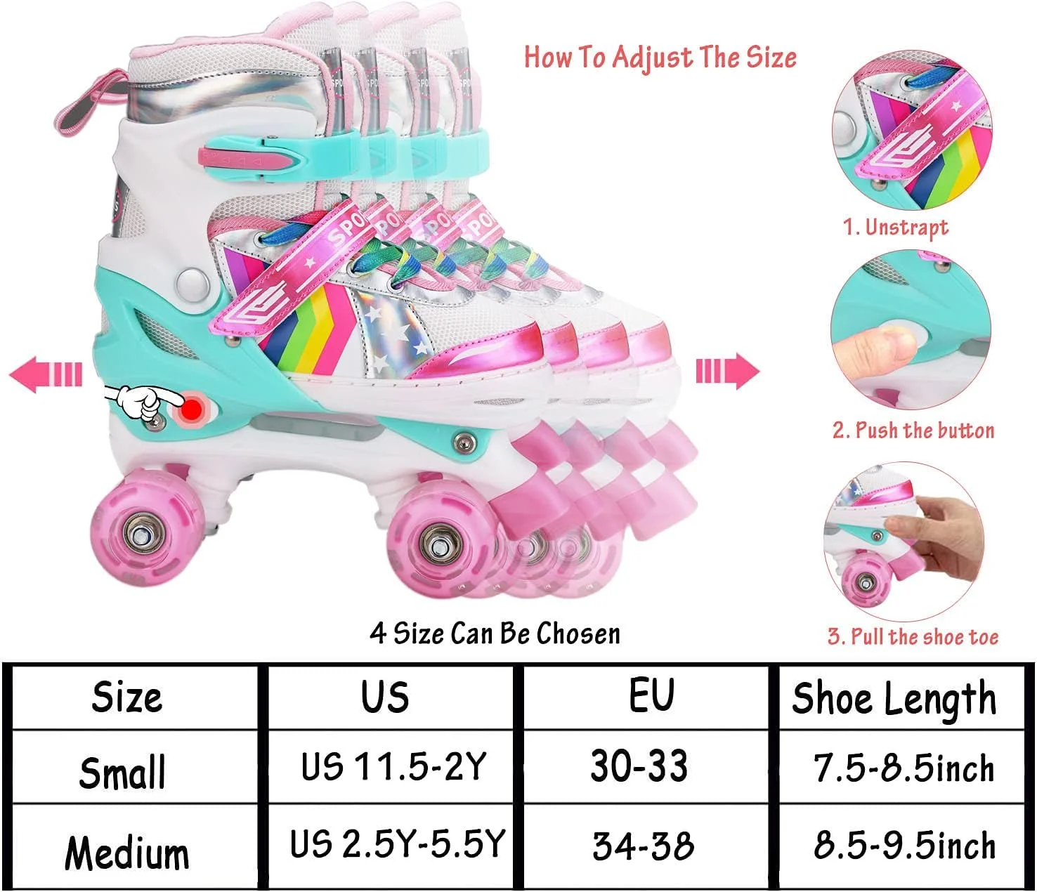 Sumeber Adjustable Roller Skates for Children, with Luminous Wheels, Comfortable and Breathable Quad Skates for Girls, Pink Sumeber Adjustable Roller Skates for Children, with Luminous Wheels, Comfortable and Breathable Quad Skates for Girls, Pink