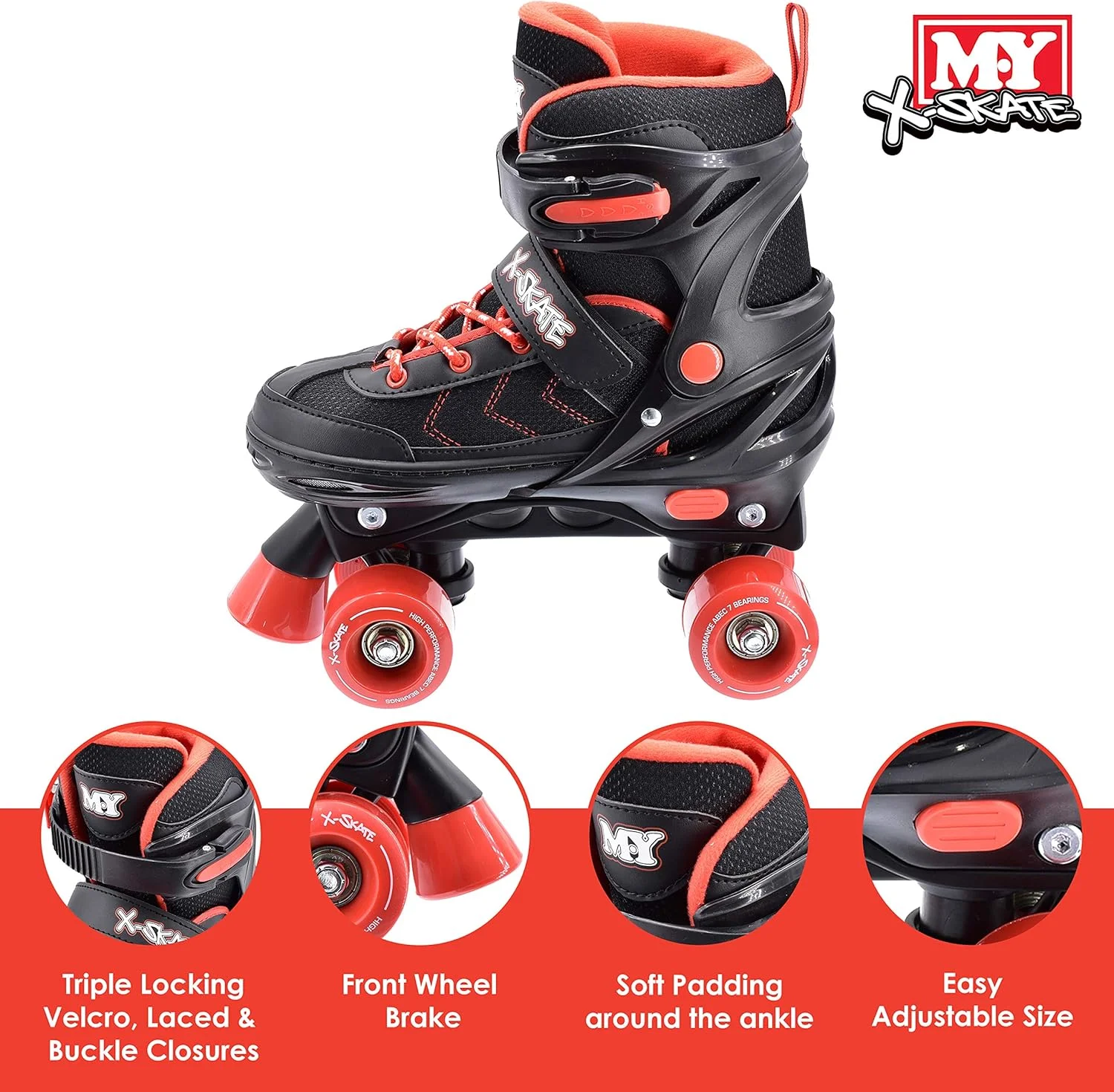 اسکیت های چهار چرخ قابل تنظیم M.Y X-Skate برای بزرگسالان، مشکی و قرمز