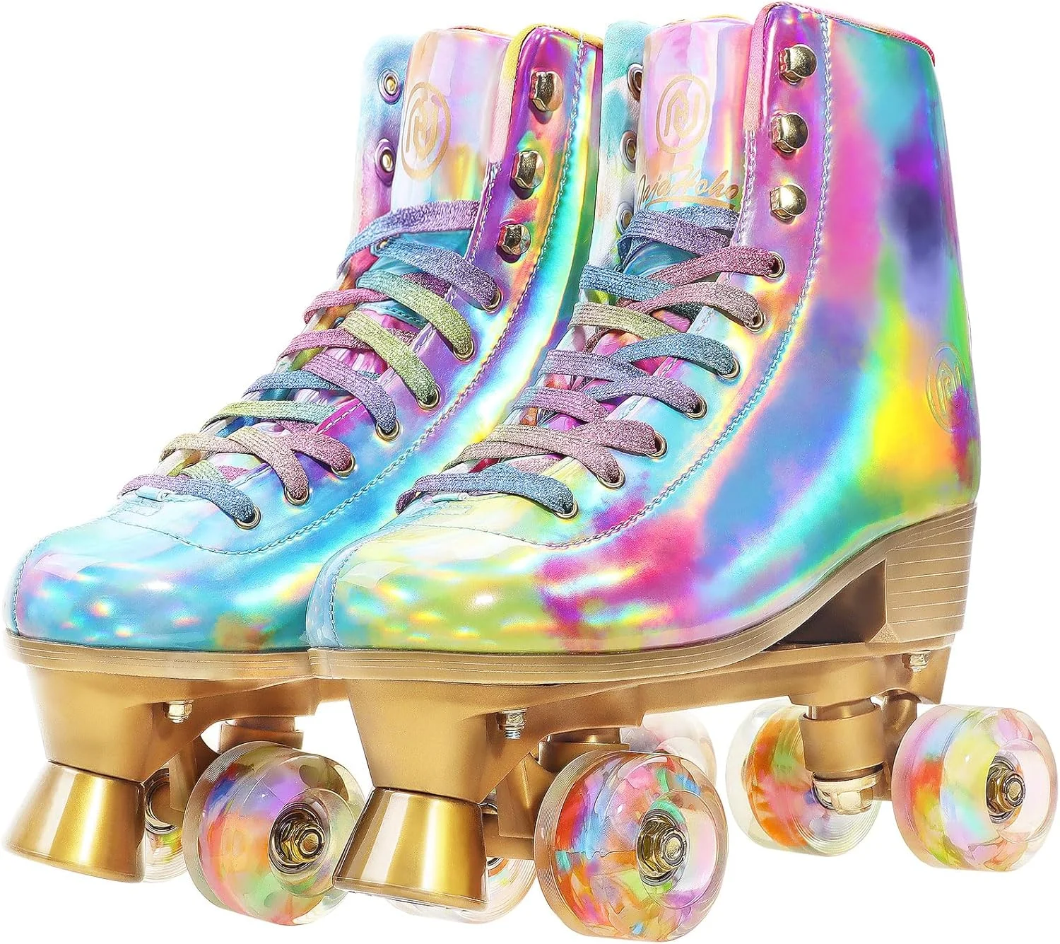 JajaHoho Roller Skates for Women, Holographic High Top PU Leather Rollerskates, Shiny Double-Row Four Wheels Quad Skates for Girls and Age 8-50 Indoor Multicolor (Rainbow)