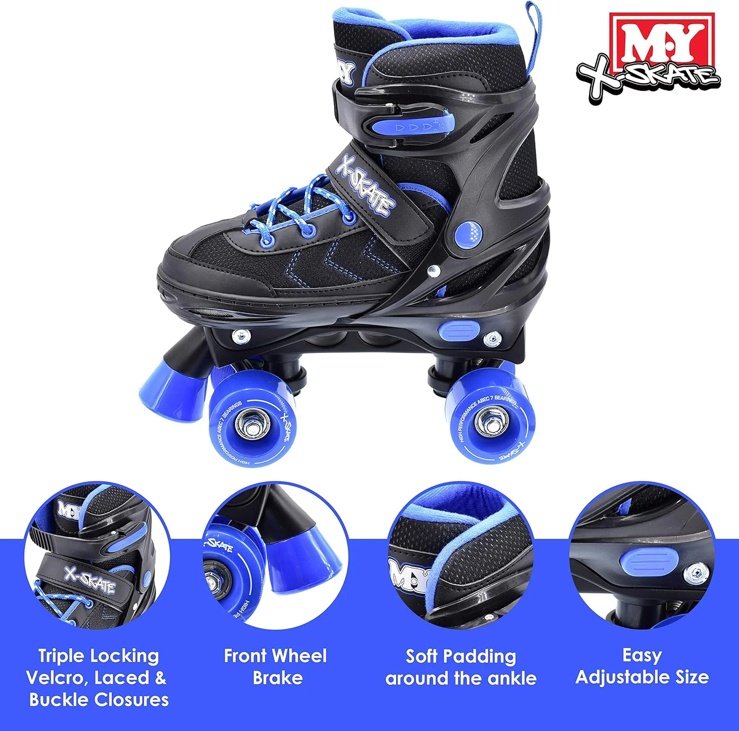 اسکیت های غلتکی چهار چرخ قابل تنظیم M.Y X-Skate، مشکی و آبی اسکیت های غلتکی چهار چرخ قابل تنظیم M.Y X-Skate، مشکی و آبی