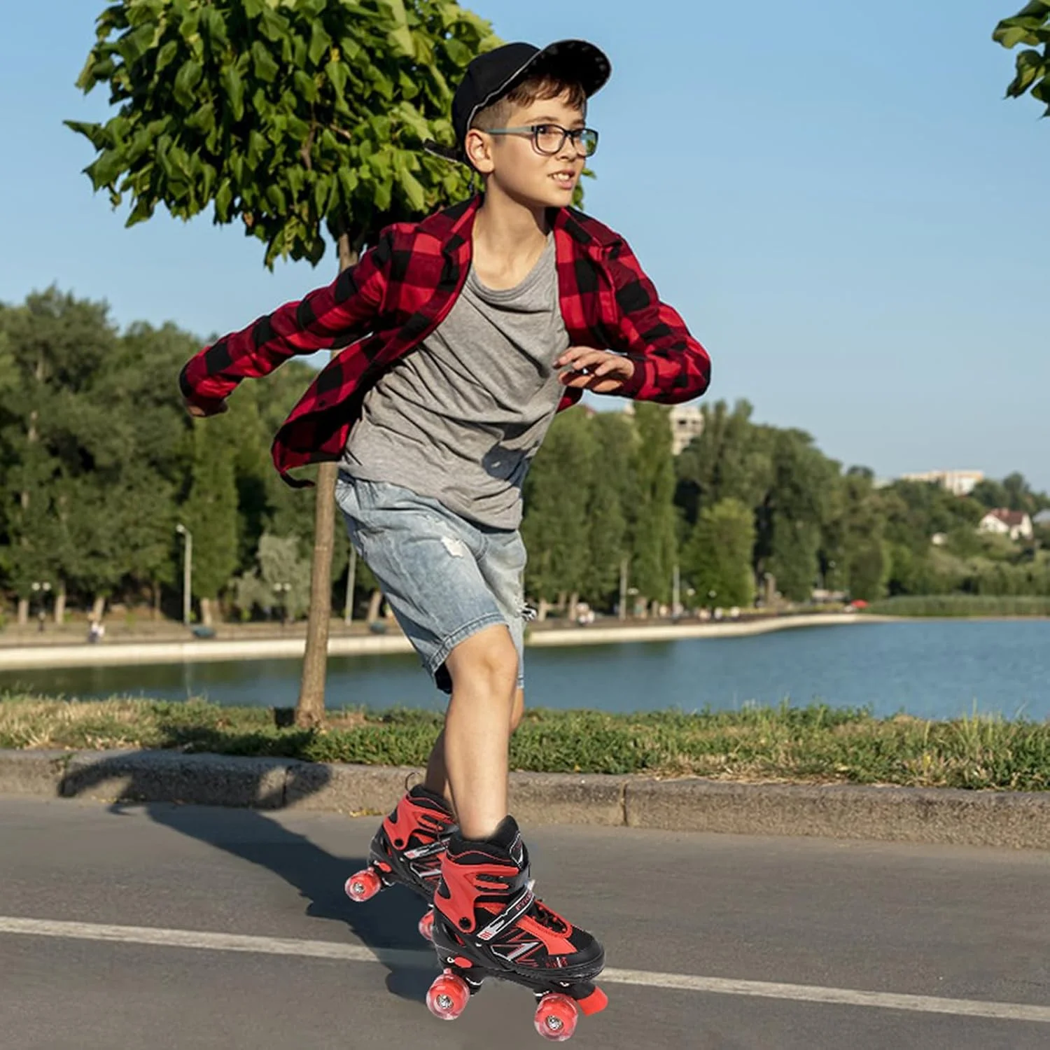 اسکیت های چهار چرخ LOKJIJI برای کودکان پسران دختران مبتدی، قابل تنظیم در 4 سایز برای کودکان و نوجوانان، اسکیت های چهار چرخ آبی و قرمز برای ورزش