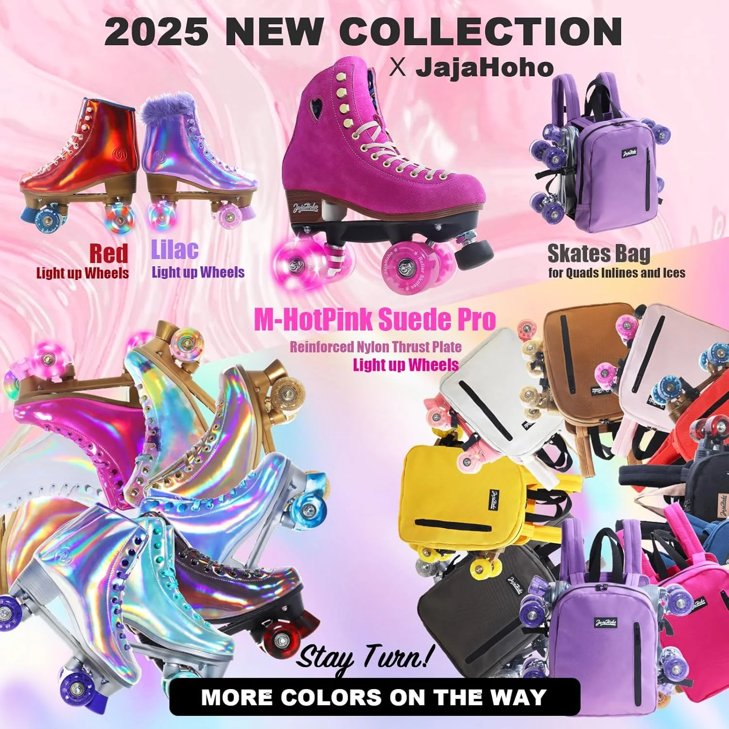 اسکیت های رولر JajaHoho برای زنان، اسکیت های رولر چرمی PU براق با ساق بلند هولوگرافیک، اسکیت های چهار چرخ ردیفی دوتایی براق برای دختران و سنین 8 تا 50 سال (صورتی رزگلد)