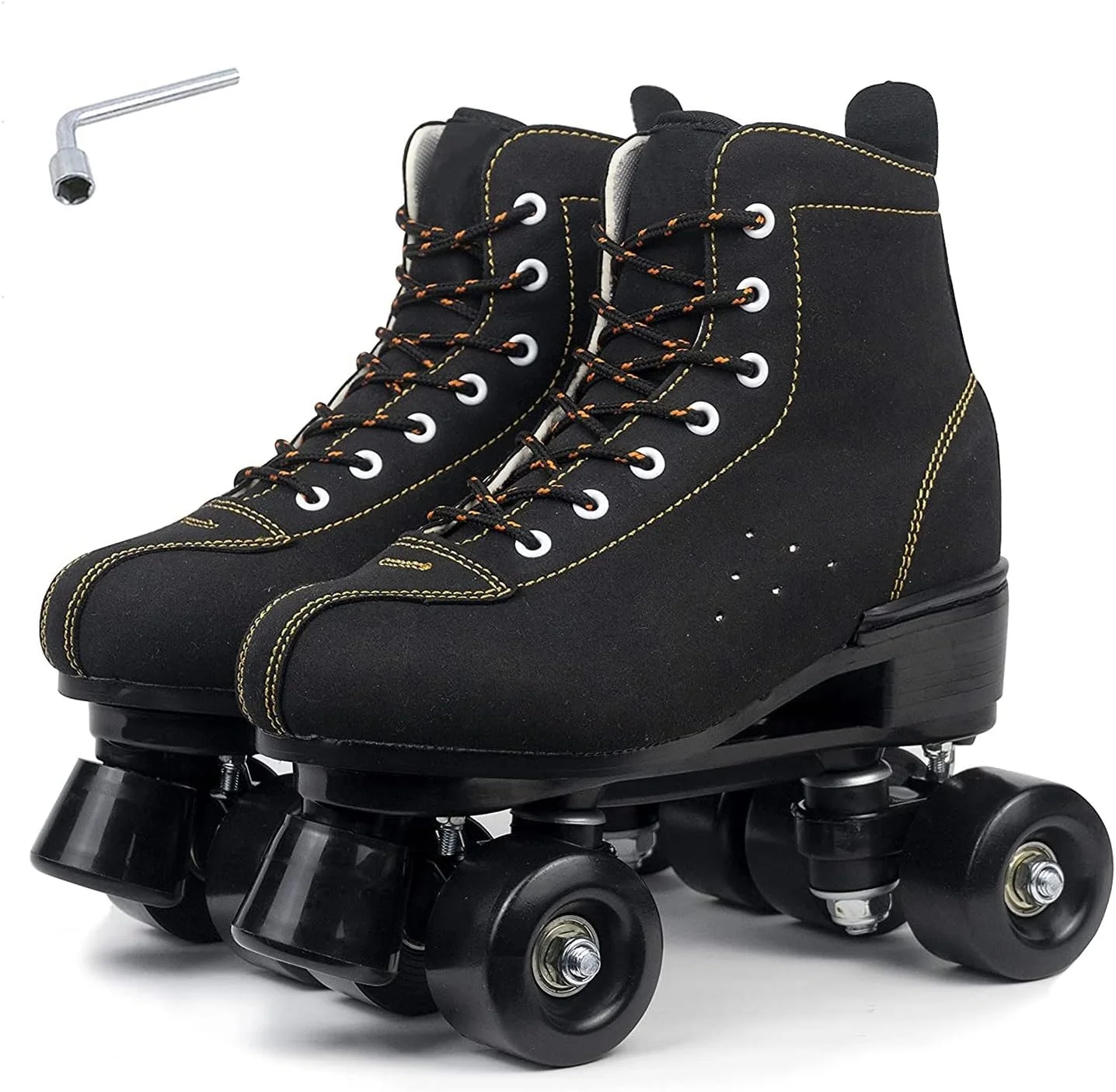 Classic Quad Skates Women Men Premium Leather Lined Rink Roller Skate Double Row Skates, Black