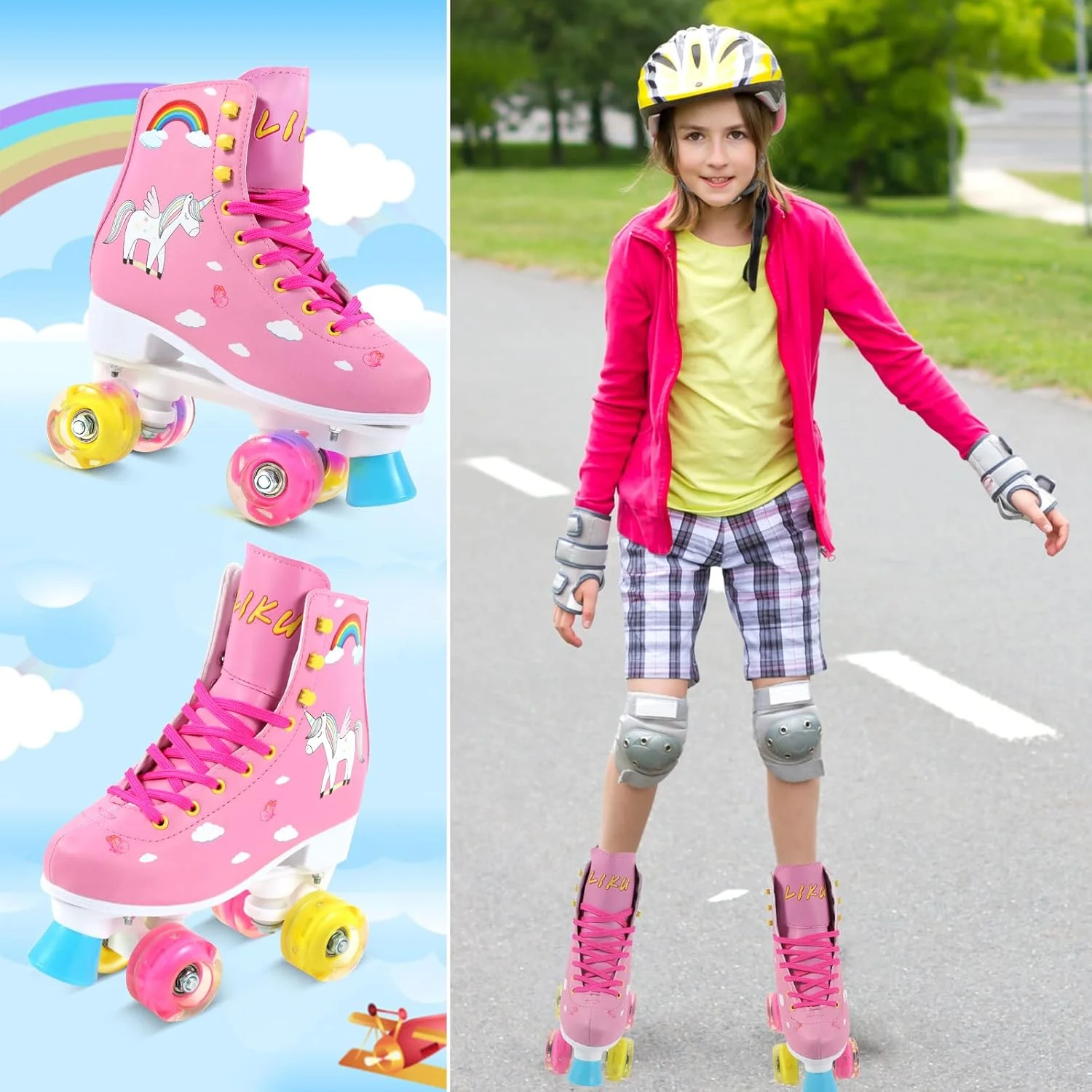 LIKU Quad Roller Skates for Girl and Women with All Wheel Light Up,Indoor/Outdoor Lace-Up Fun Illuminating Roller Skate for Kid LIKU Quad Roller Skates for Girl and Women with All Wheel Light Up,Indoor/Outdoor Lace-Up Fun Illuminating Roller Skate for Kid