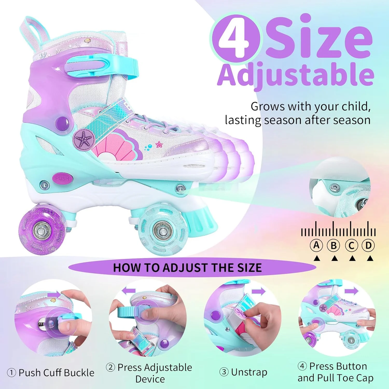 اسکیت های غلتکی کودکان BELEEV برای دختران، اسکیت های چهار چرخ قابل تنظیم در 4 سایز با 8 چرخ LED روشن و بند کفش اضافی، ایمن و سرگرم کننده برای کودکان نوپا و مبتدی، ایده آل برای تولد