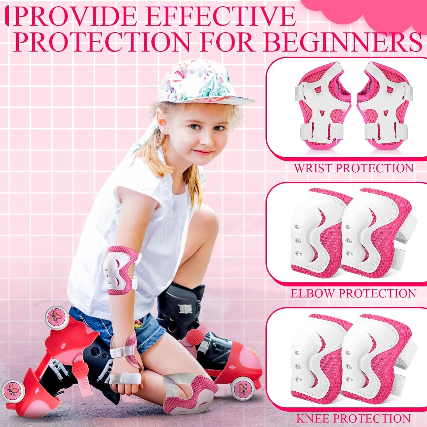 ویورا وایت 4 جفت اسکیت غلتکی قابل تنظیم کودکان نوپا، زانو بند، آرنج بند، مچ بند، کفش اسکیت صورتی با حالت قفل ایمن برای کودکان 2-6 ساله، اسکیت چهار چرخ برای پسران، دختران، مبتدیان، کودکان و نوزادان
