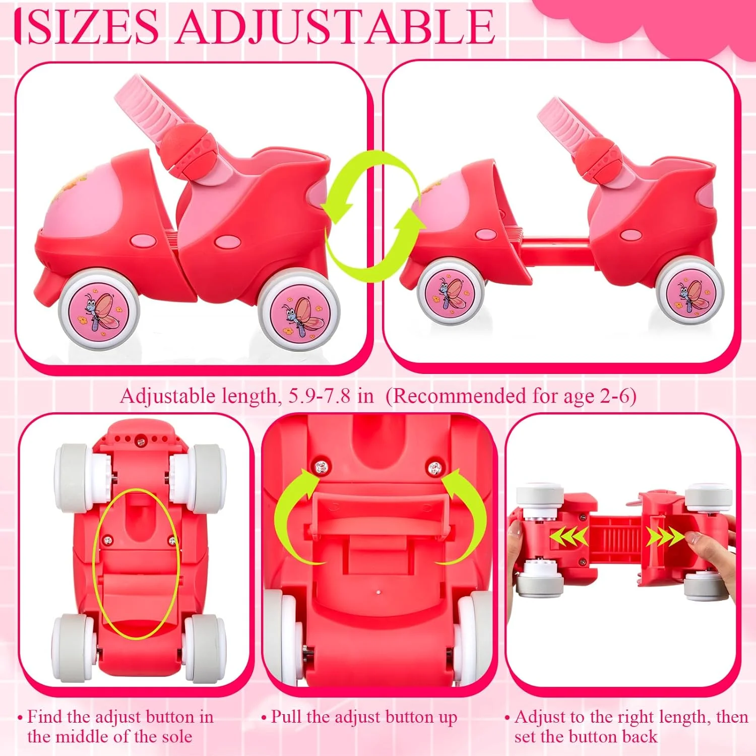 ویورا وایت 4 جفت اسکیت غلتکی قابل تنظیم کودکان نوپا، زانو بند، آرنج بند، مچ بند، کفش اسکیت صورتی با حالت قفل ایمن برای کودکان 2-6 ساله، اسکیت چهار چرخ برای پسران، دختران، مبتدیان، کودکان و نوزادان